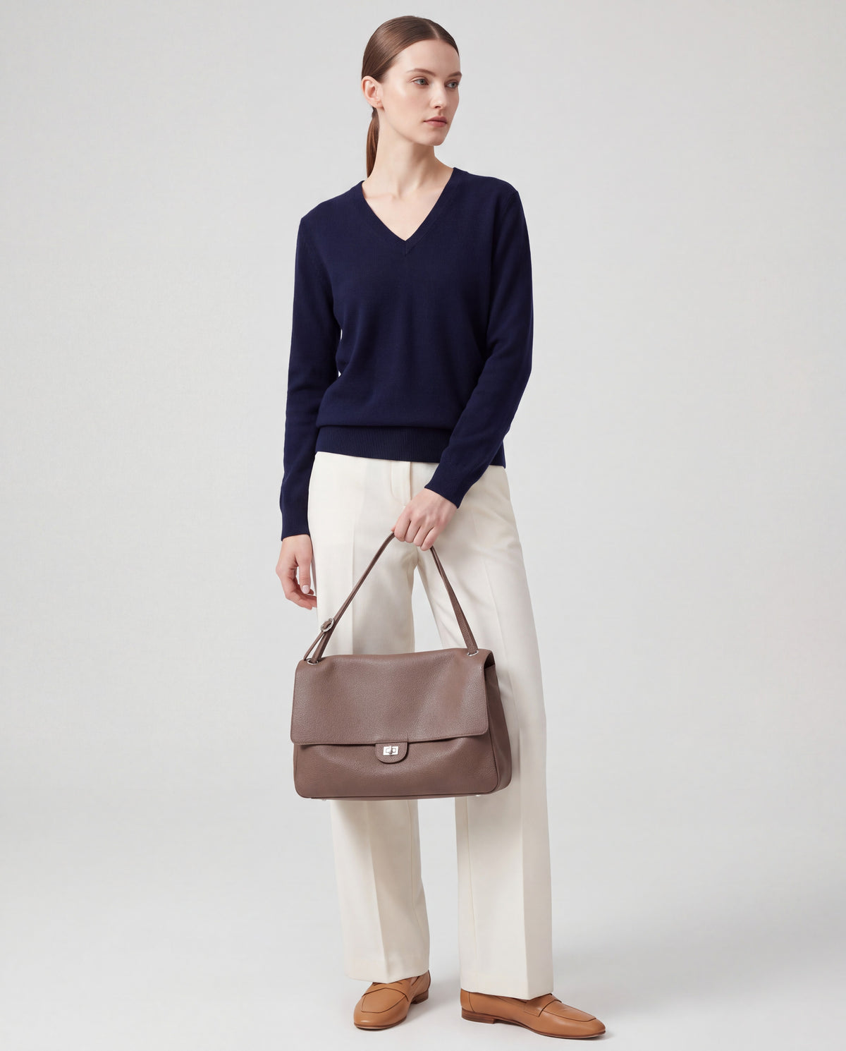 Brio Large bag in Taupe – worn by model, close-up