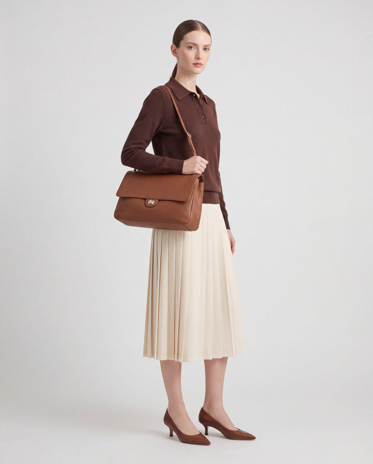 Brio Small bag in Brown – worn by model, full length