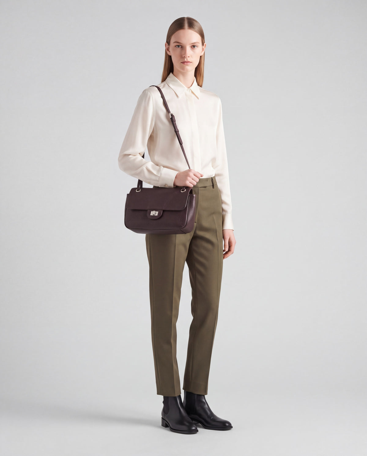 Brio Small bag in Mocha – worn by model, full length