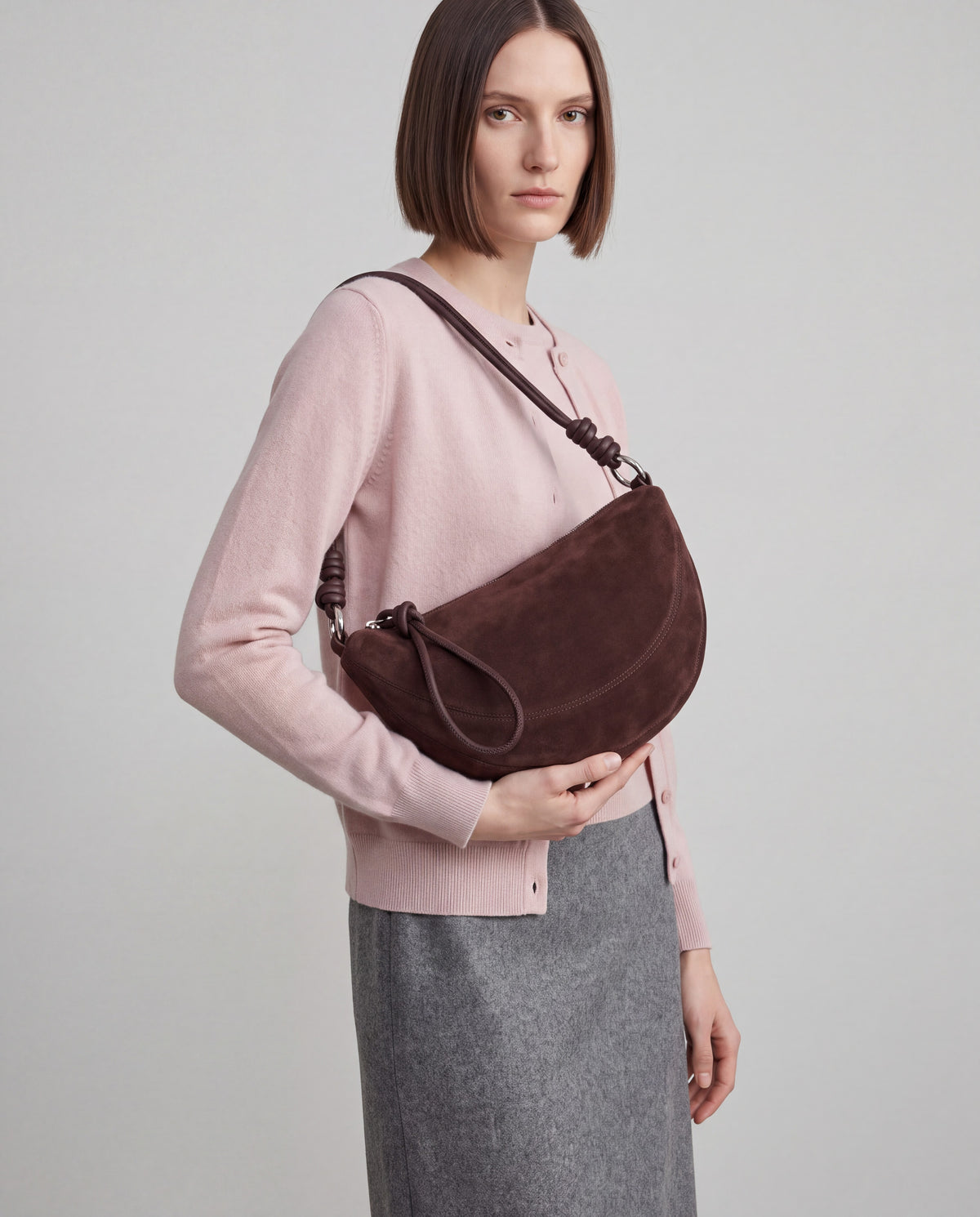 Bruma bag in Chocolate – worn by model, close-up