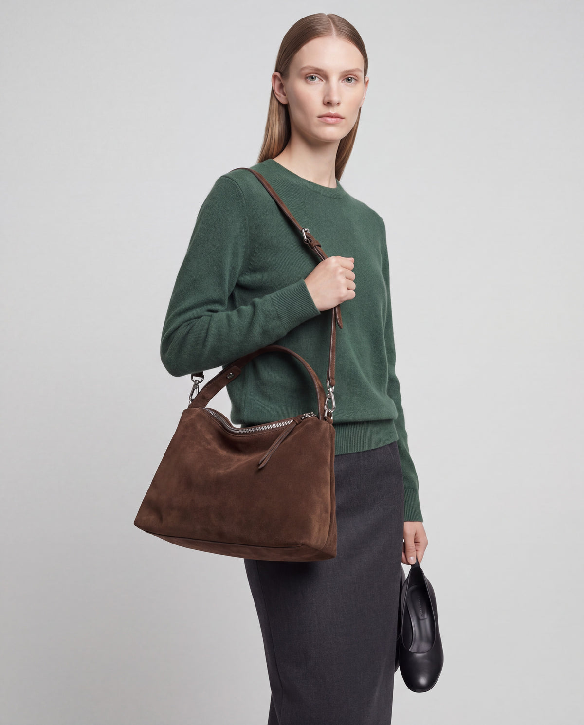 Calma bag in Chocolate – worn by model, close-up