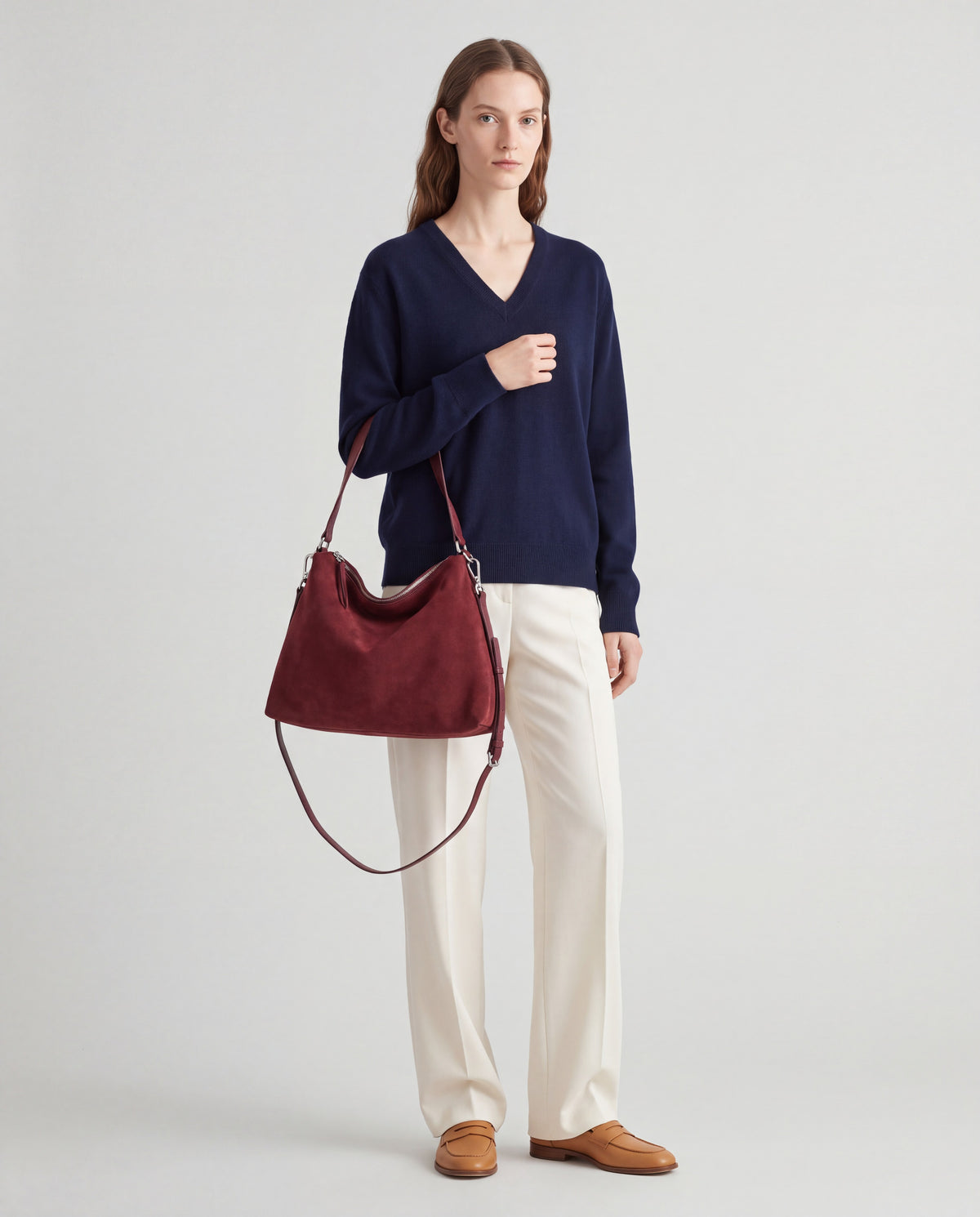 Calma bag in Red – worn by model, full length