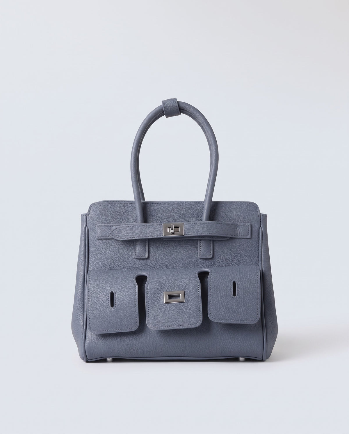 Capua leather tote with three front pockets in Denim – front view