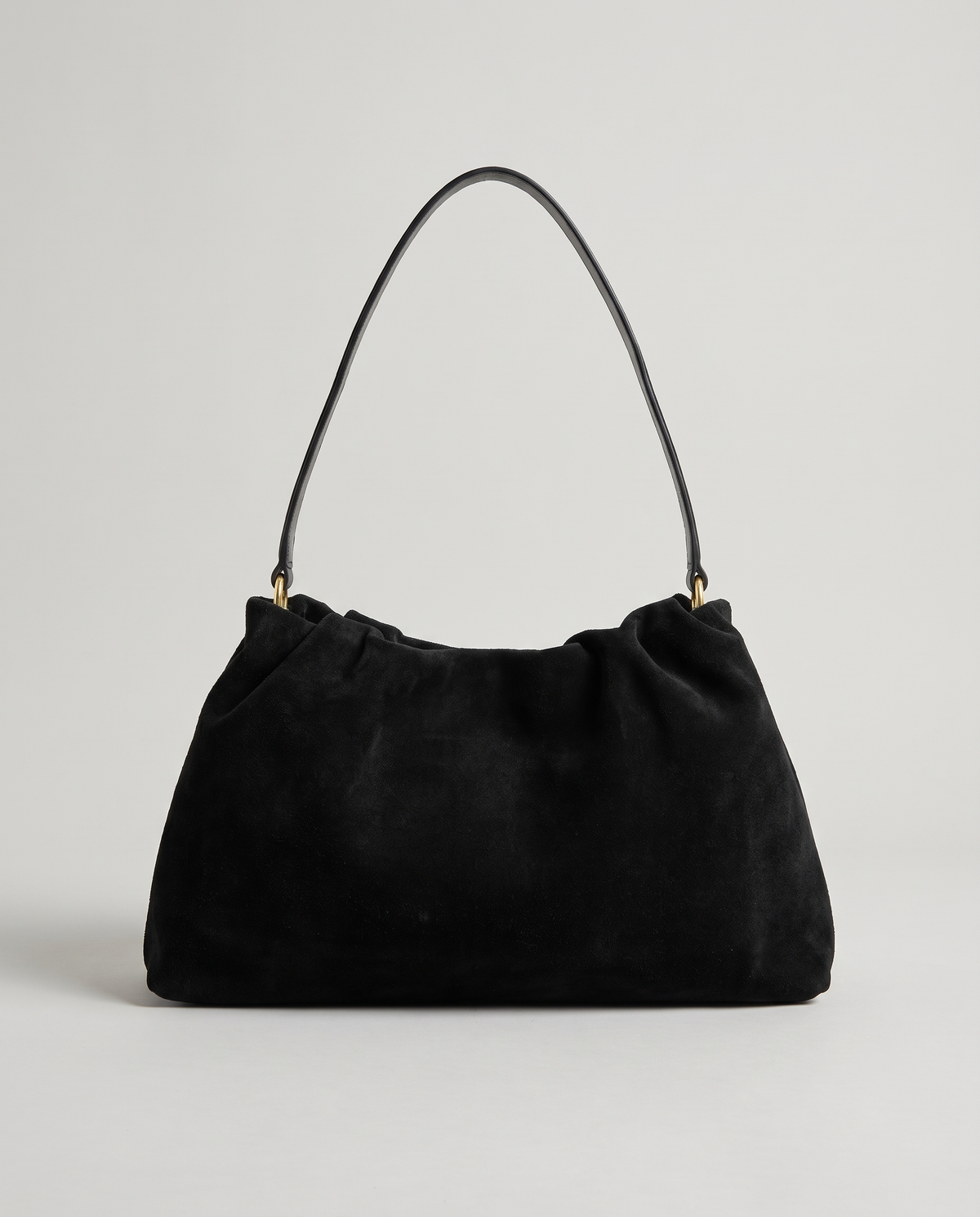 Cielo gathered suede bag in black, front view