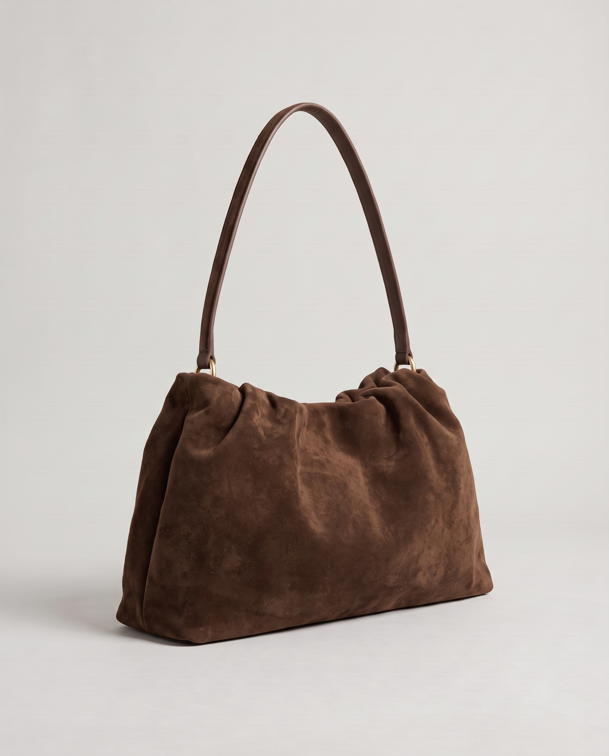 Cielo gathered suede bag in brown, three-quarter view