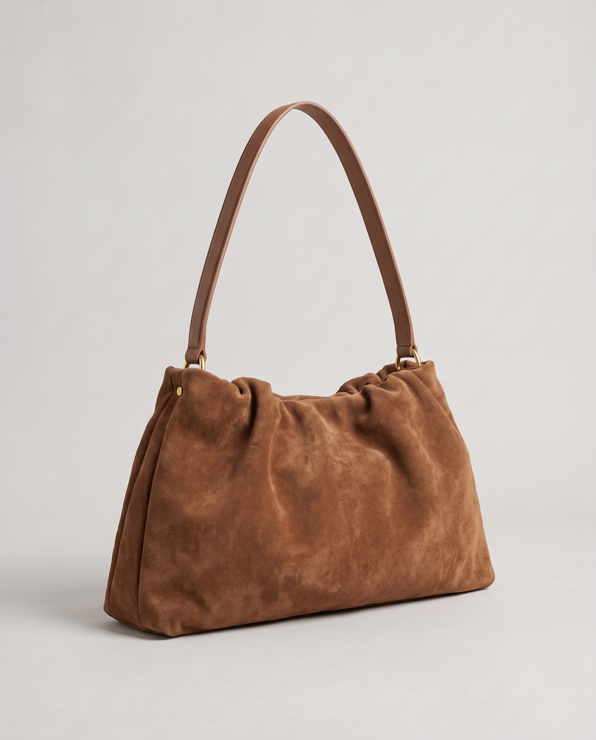 Cielo gathered suede bag in camel, three-quarter view