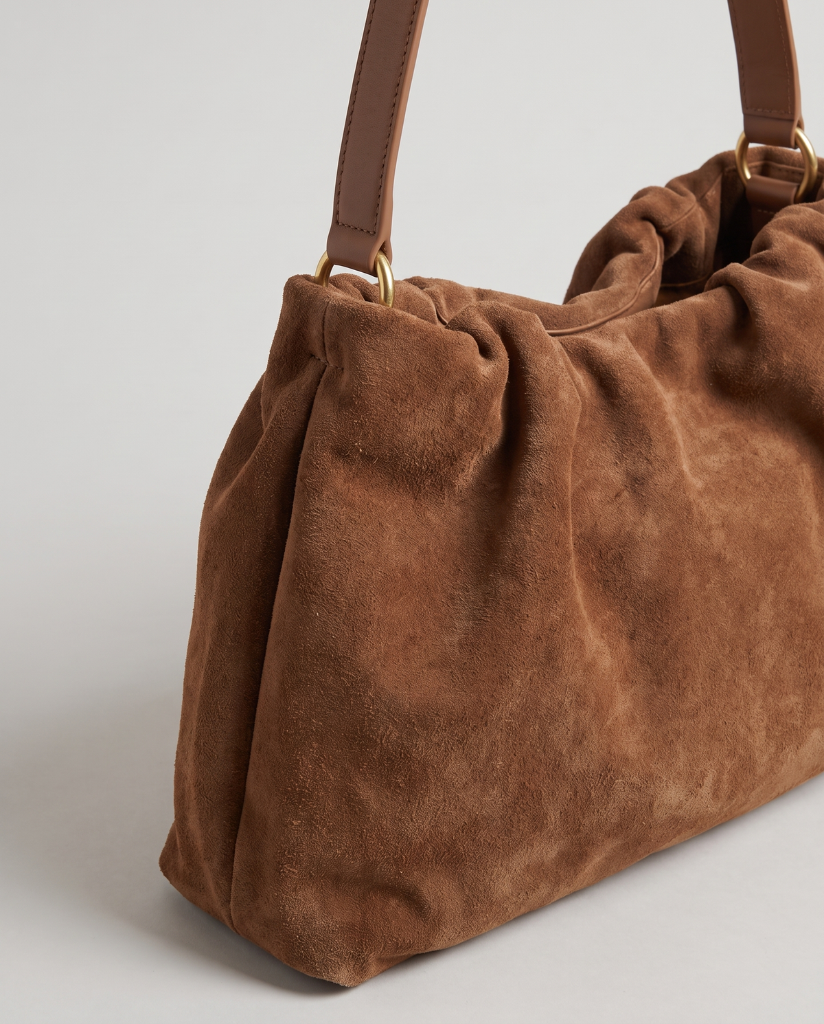 Cielo gathered suede bag in camel, hardware and leather detail