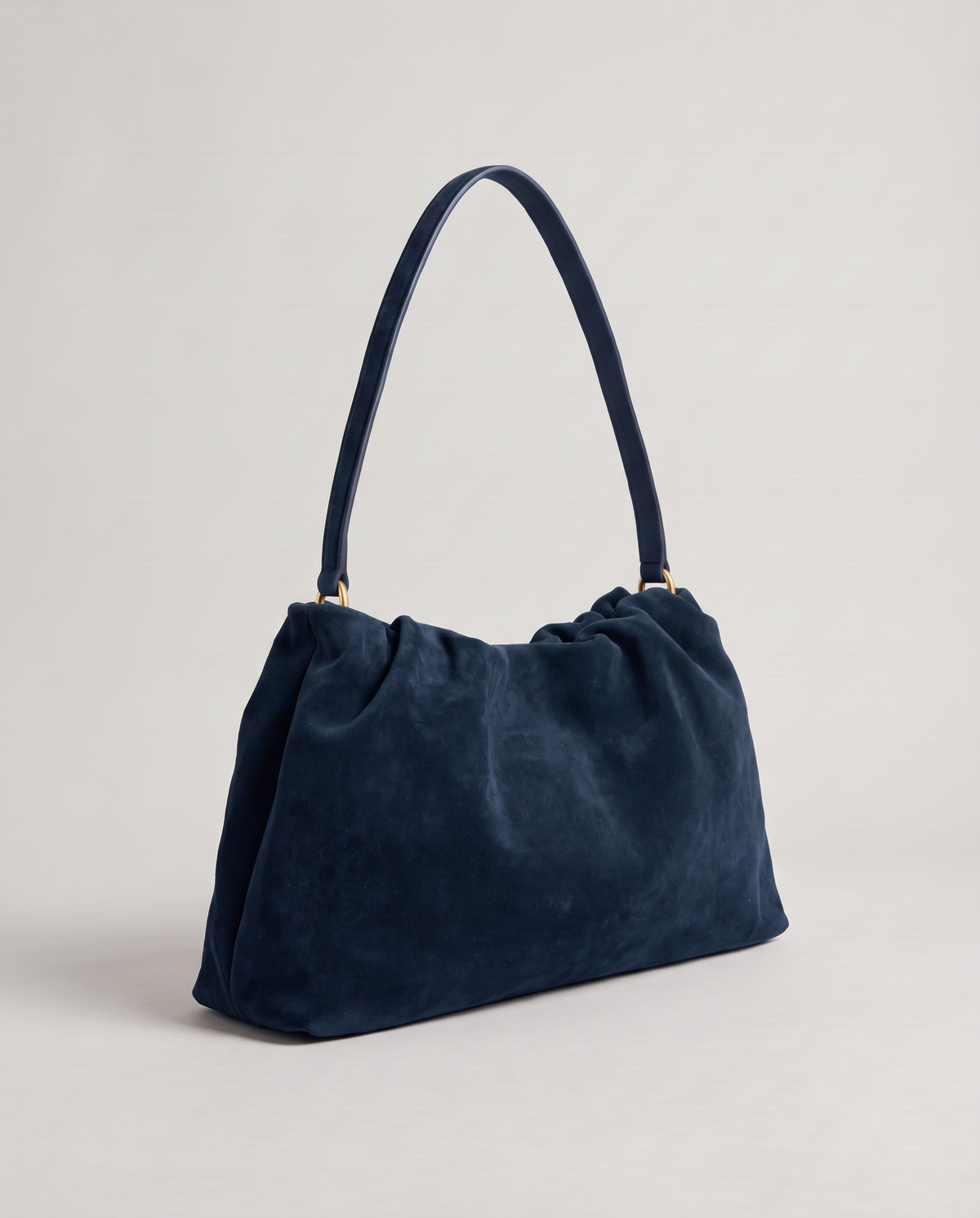 Cielo gathered suede bag in navy, three-quarter view