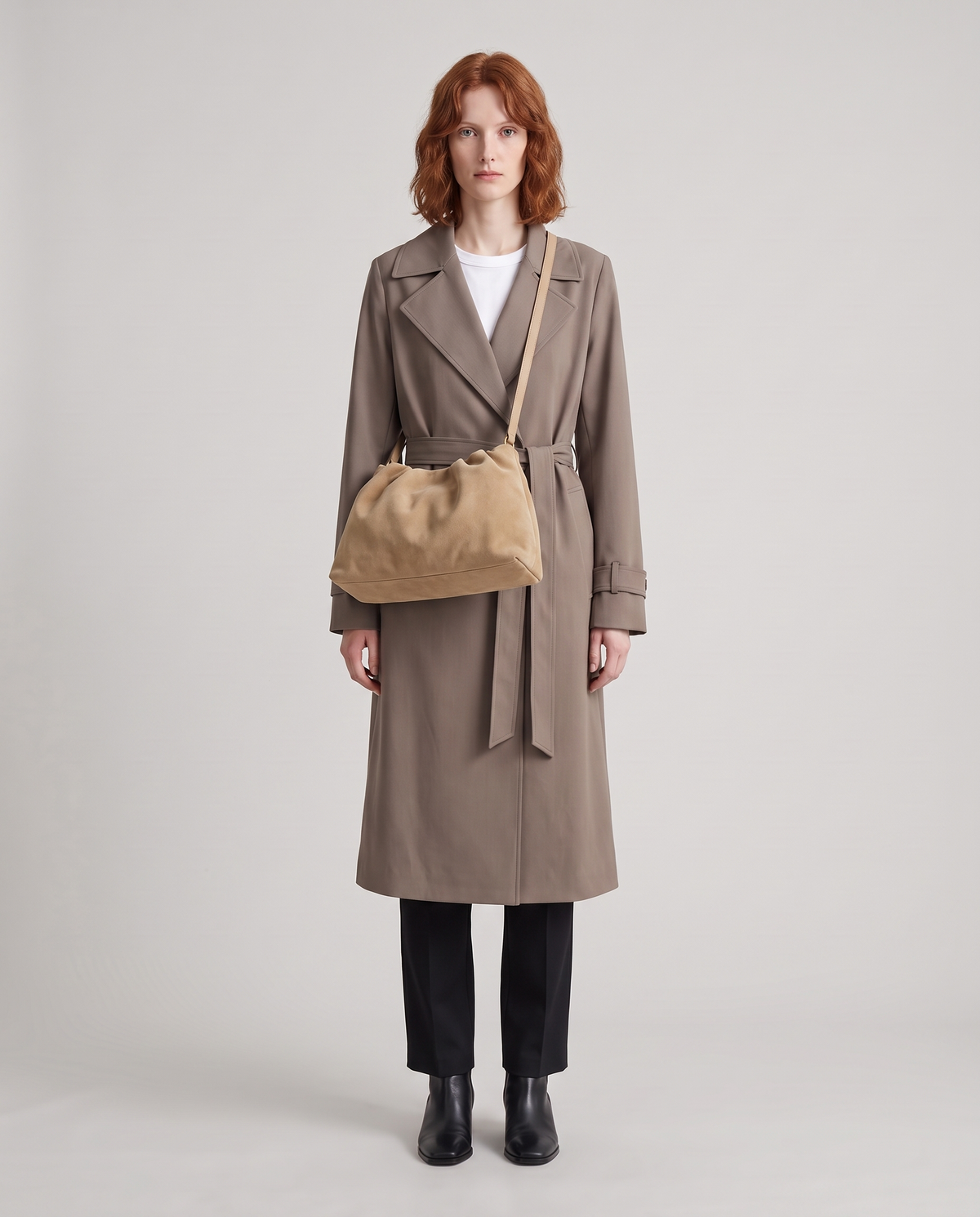 Model with the Cielo gathered suede bag in tan, full length