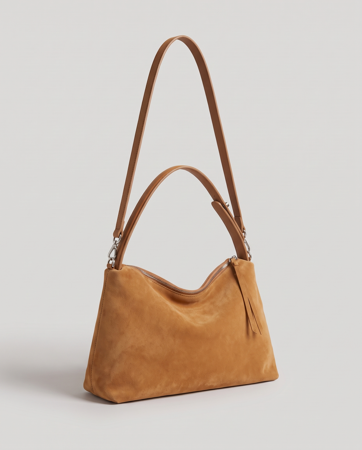 Cima suede shoulder bag in camel, three-quarter view