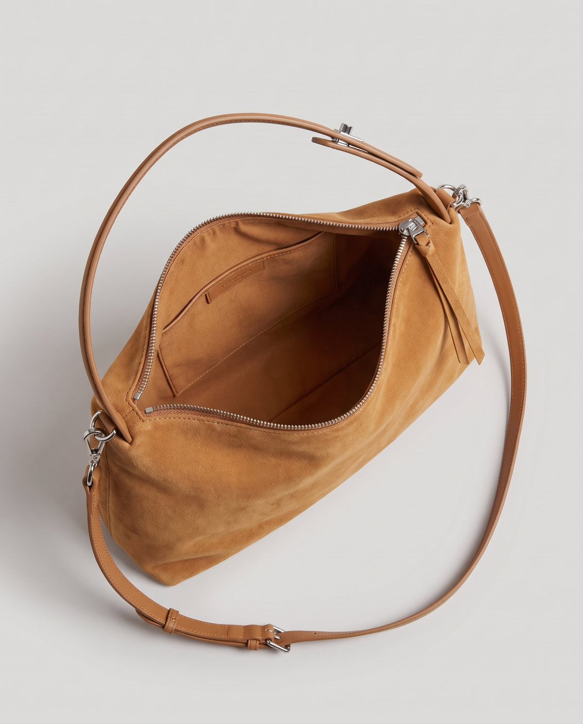 Cima suede shoulder bag in camel, open showing interior