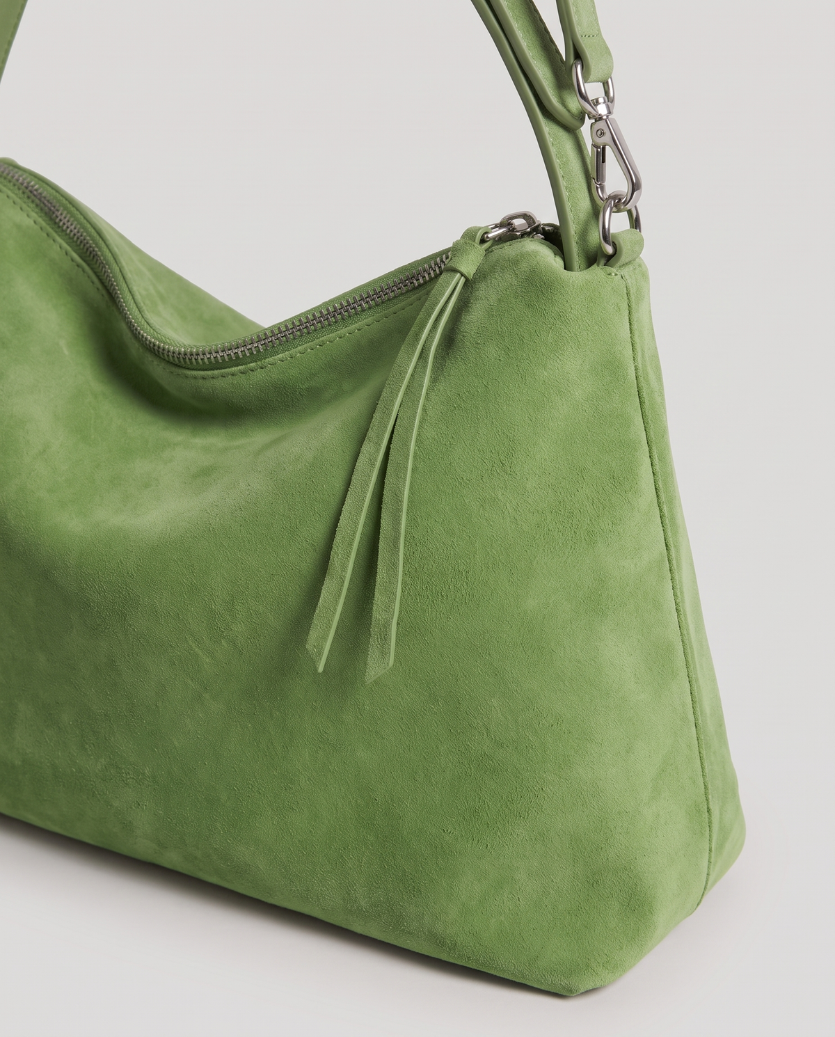 Cima suede shoulder bag in green, hardware and leather detail