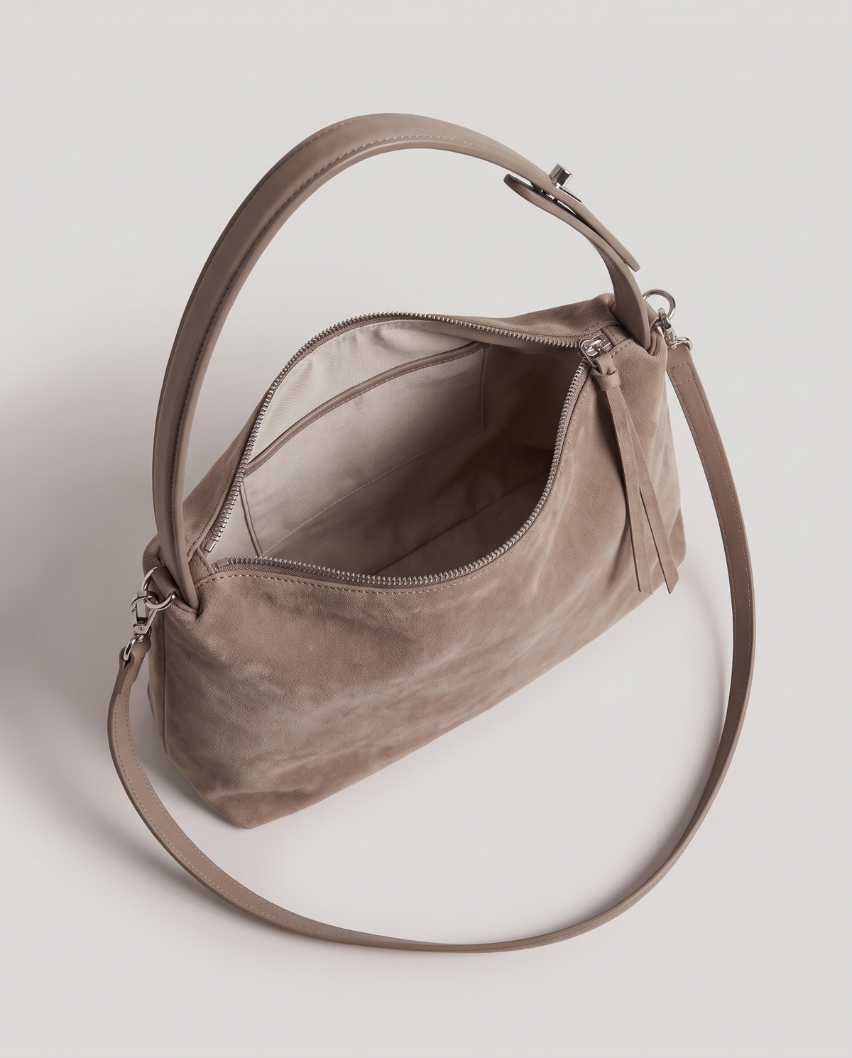 Cima suede shoulder bag in grey, open showing interior