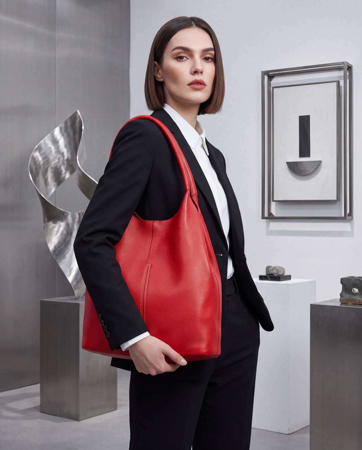 Commute bag in Red – worn by model, close-up