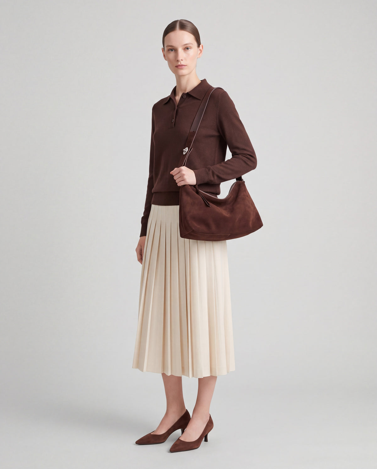 Corso bag in Chocolate – worn by model, full length