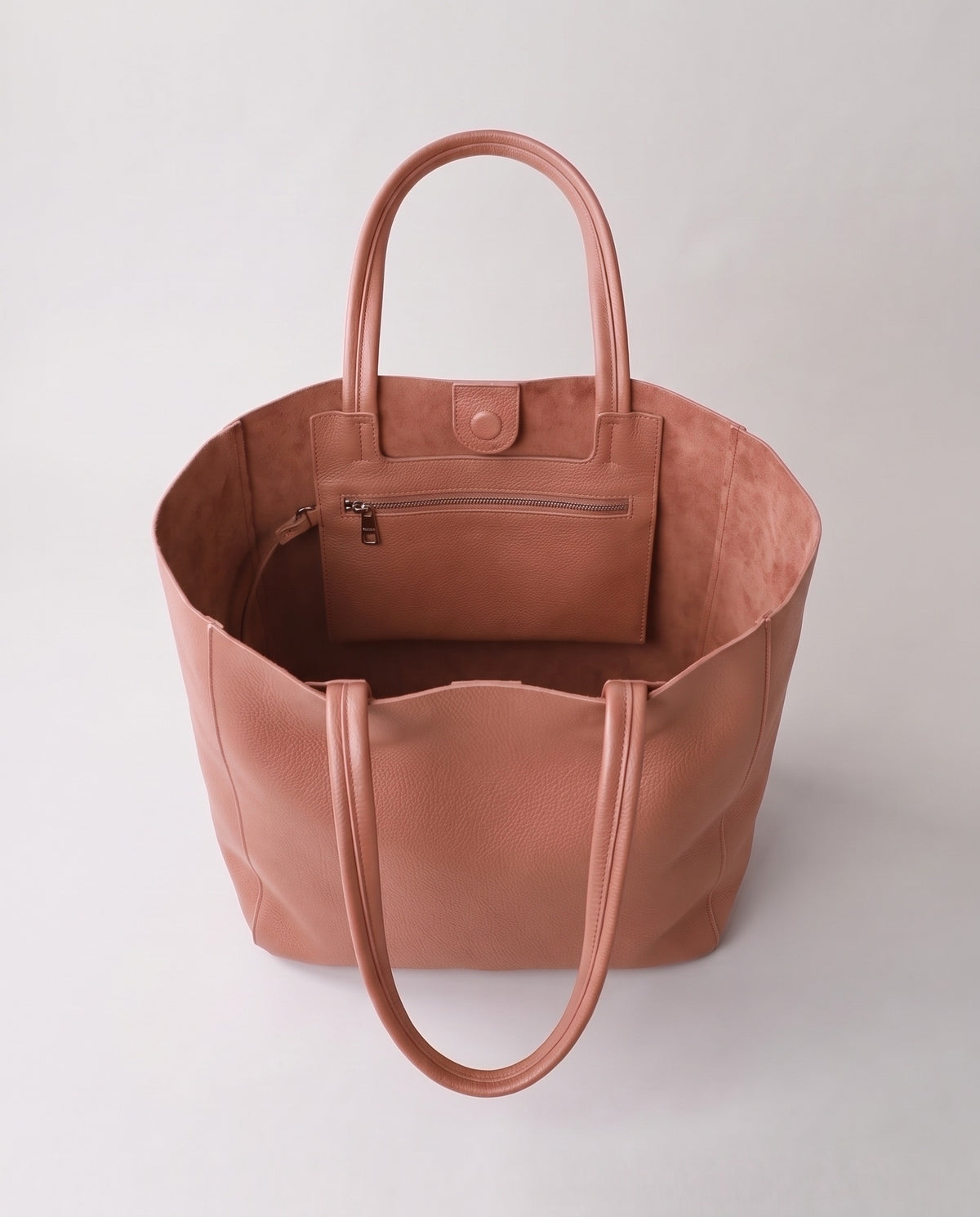 Costa leather tote in blush, open showing interior