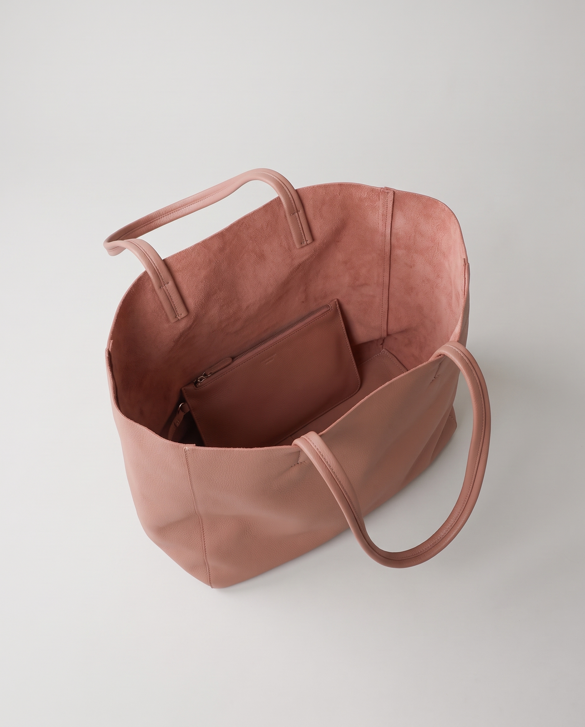 Costa leather tote in rose, open showing interior