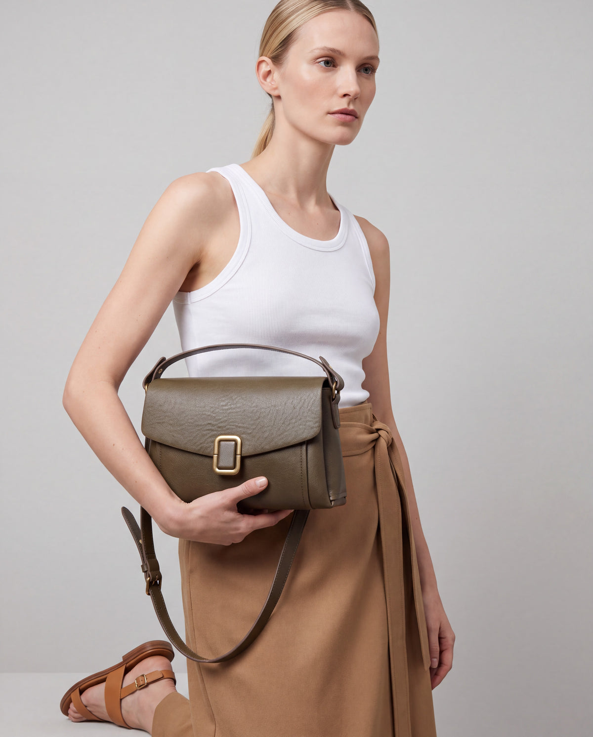 Creta bag in Olive – worn by model, close-up