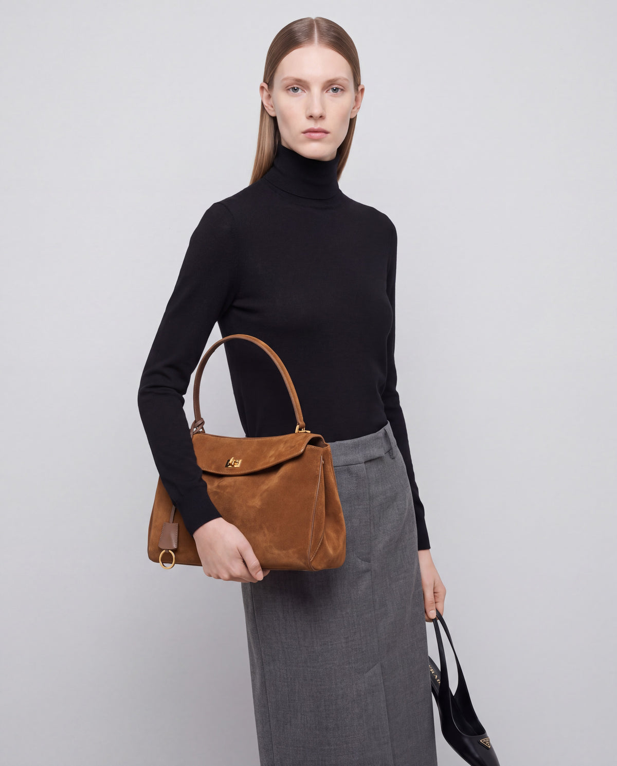 Dolce Small bag in Camel – worn by model, close-up