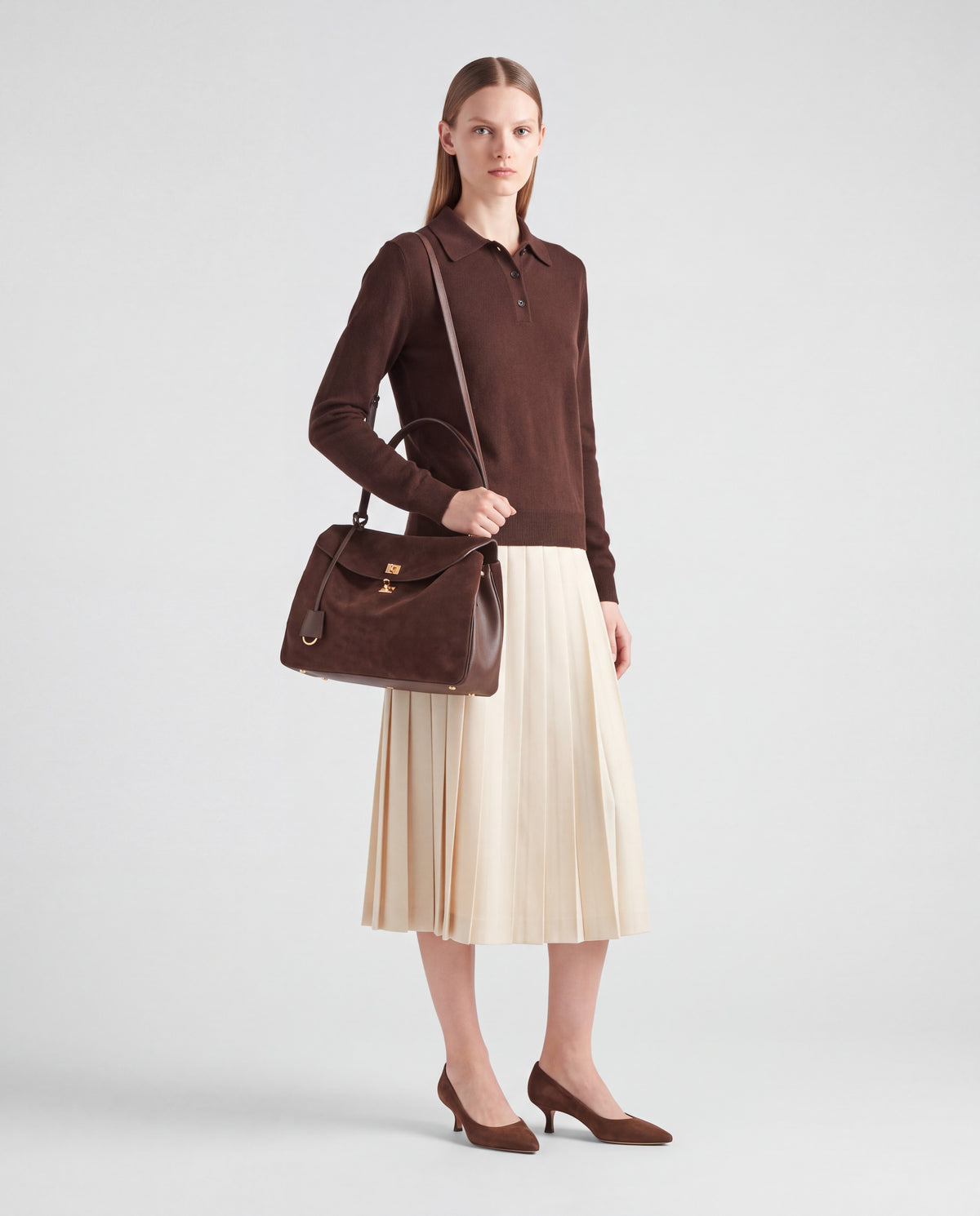 Dolce Small bag in Chocolate – worn by model, full length
