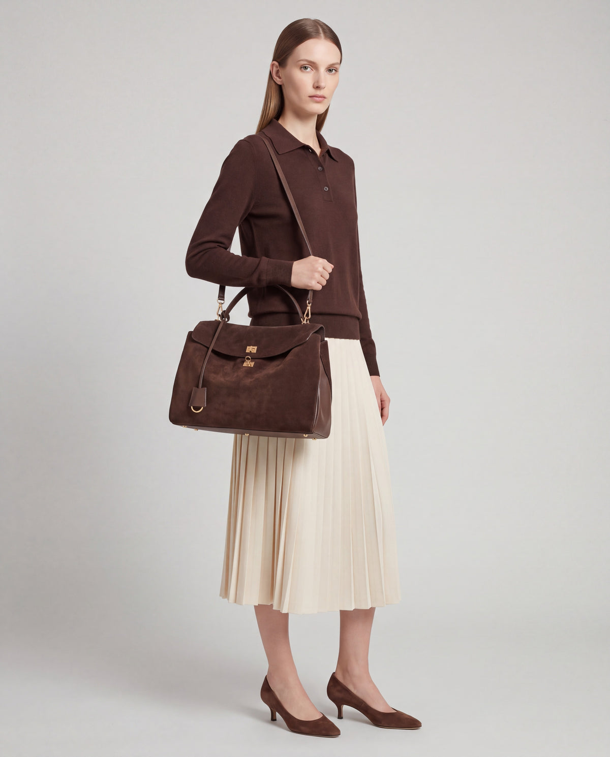 Dolce Small bag in Chocolate – worn by model, close-up