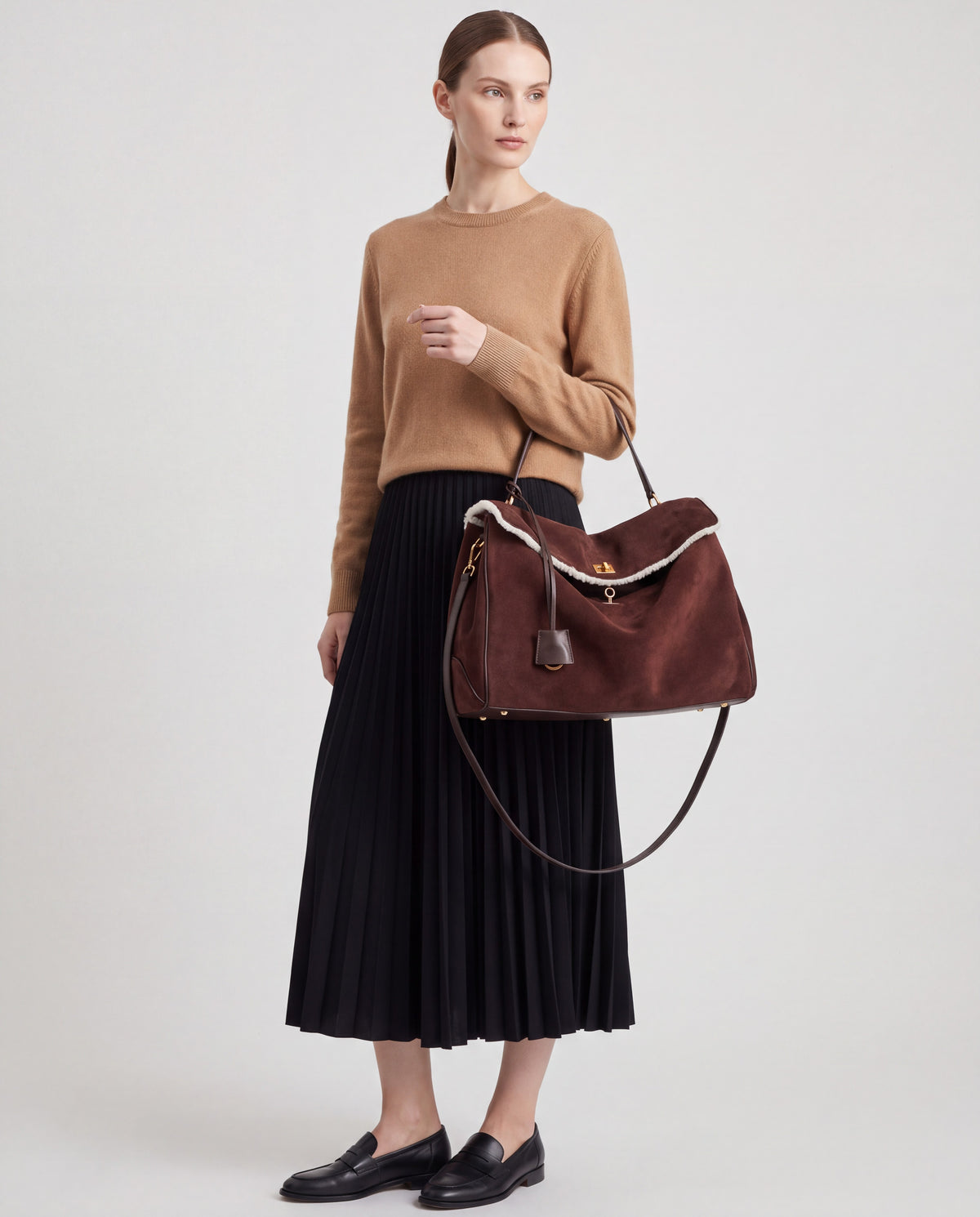 Dolce Medium bag in Mahogany – worn by model, close-up