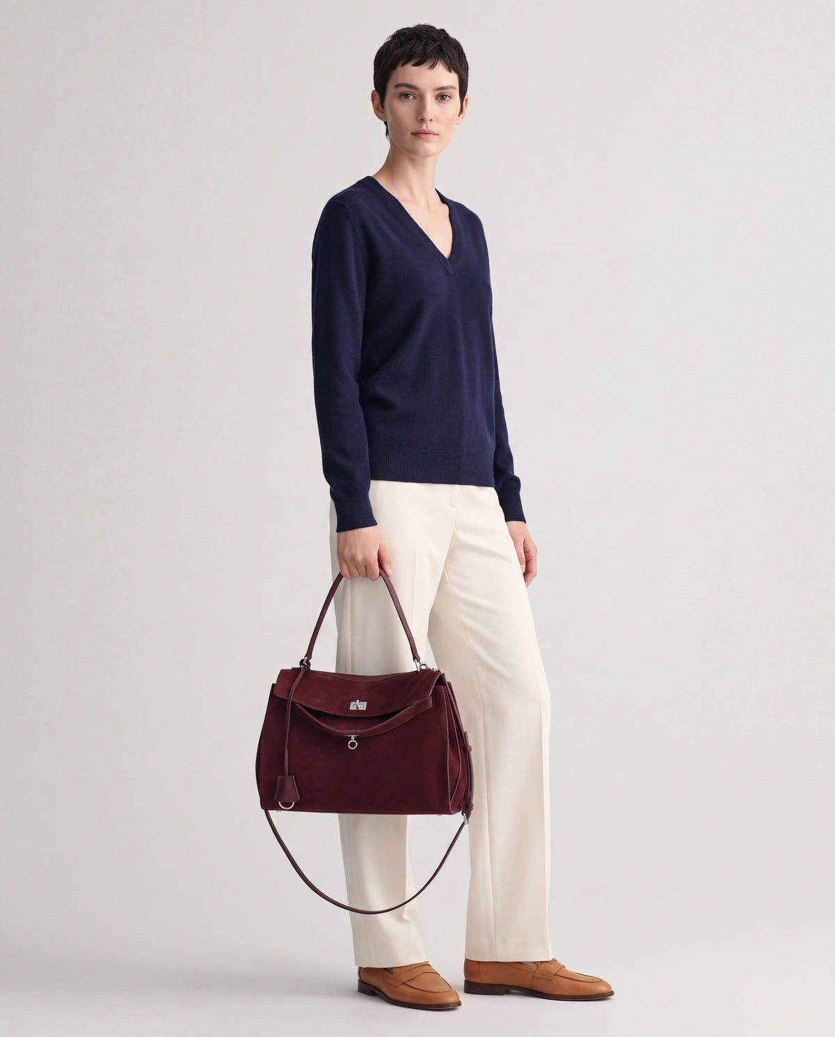 Dolce Medium bag in Wine – worn by model, full length