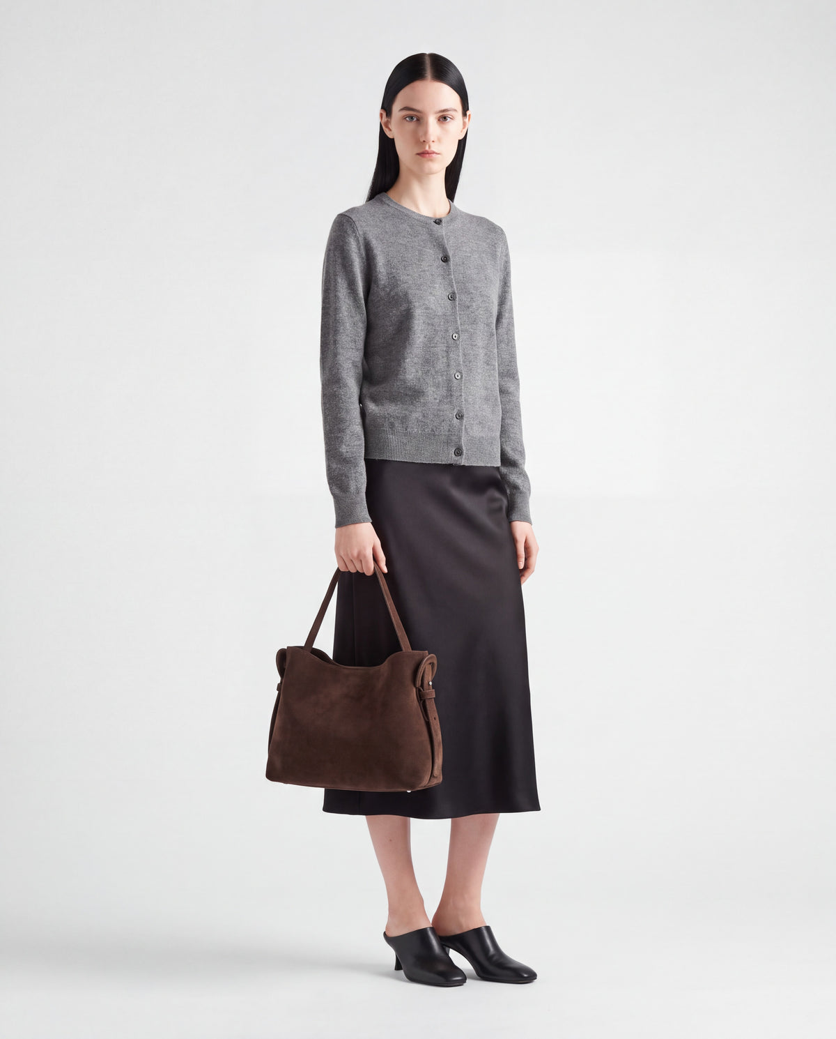 Duomo bag in Chocolate – worn by model, full length
