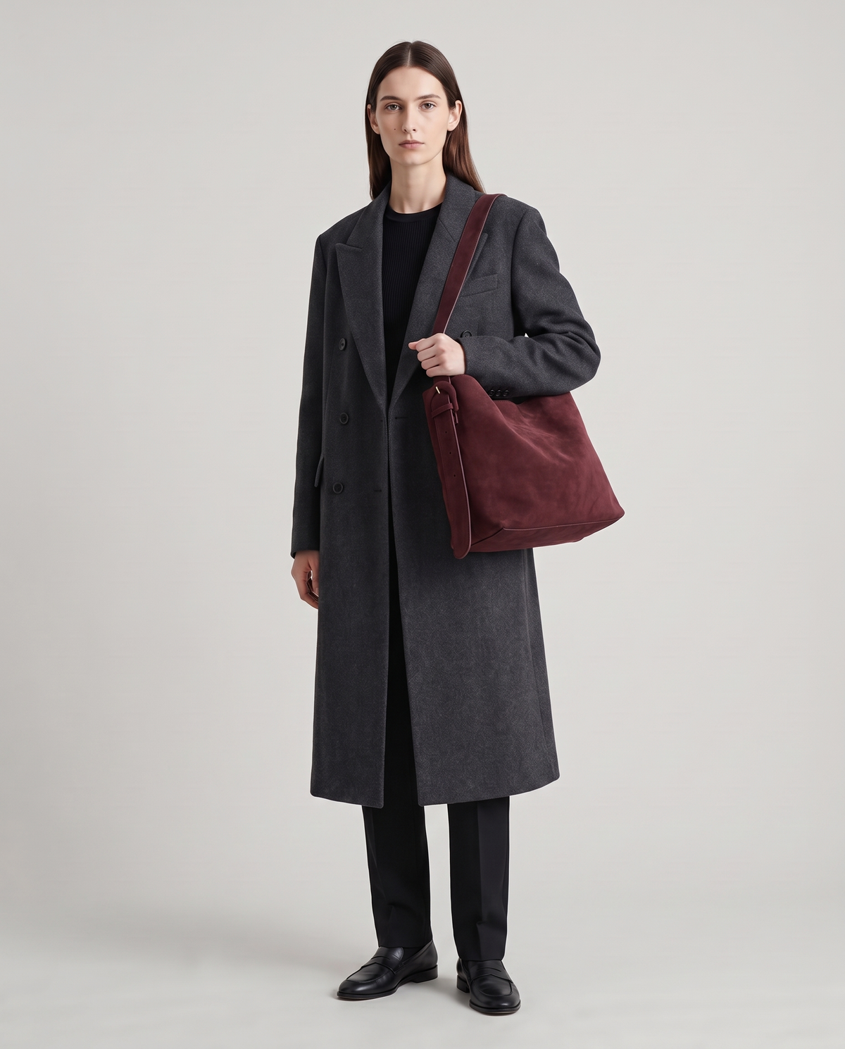 Model with the Elba suede tote in burgundy, full length