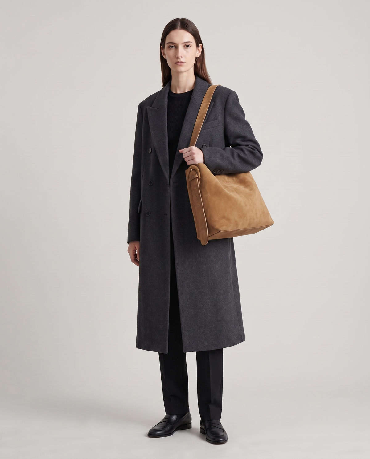 Model with the Elba suede tote in camel, full length