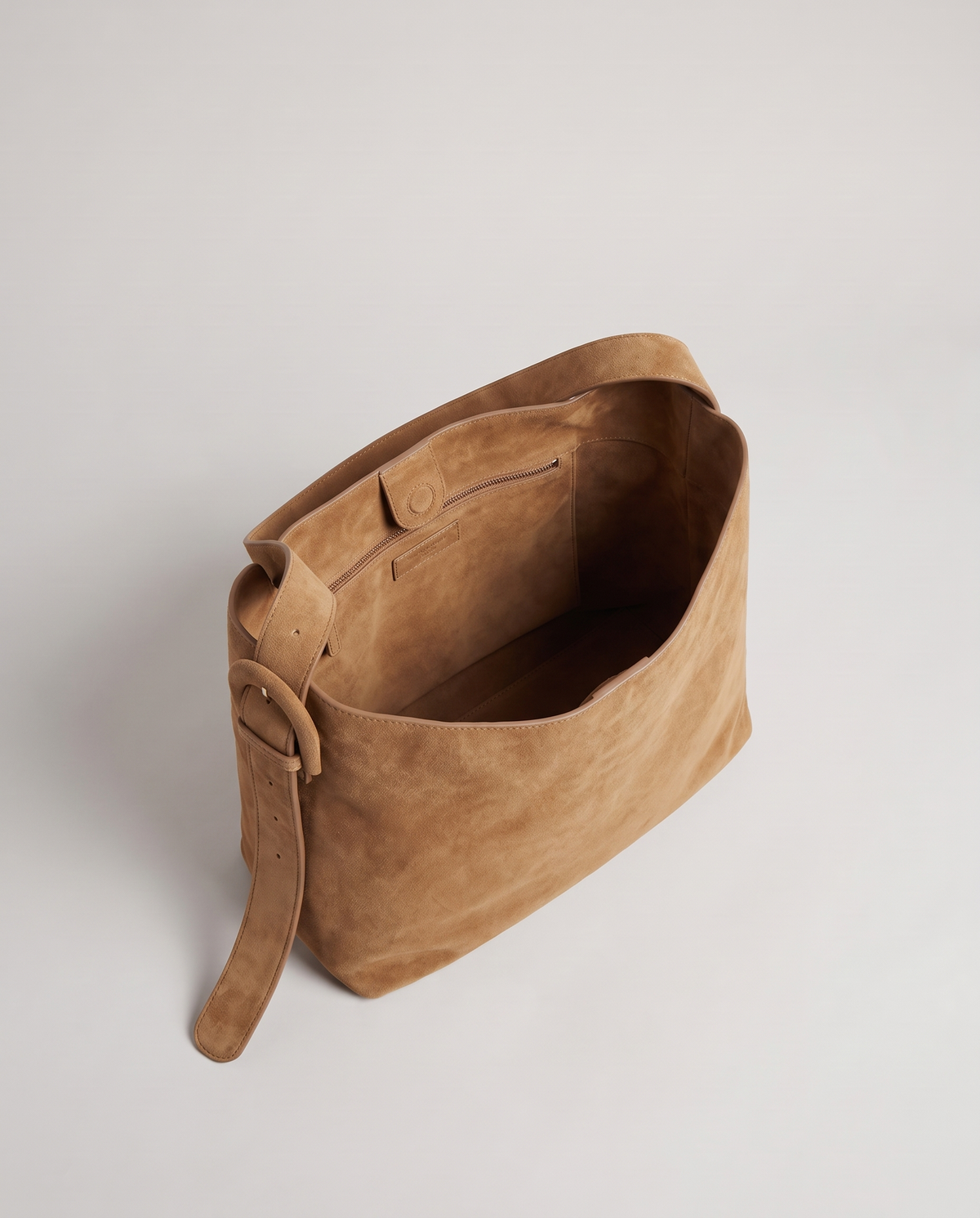 Elba suede tote in camel, open showing interior