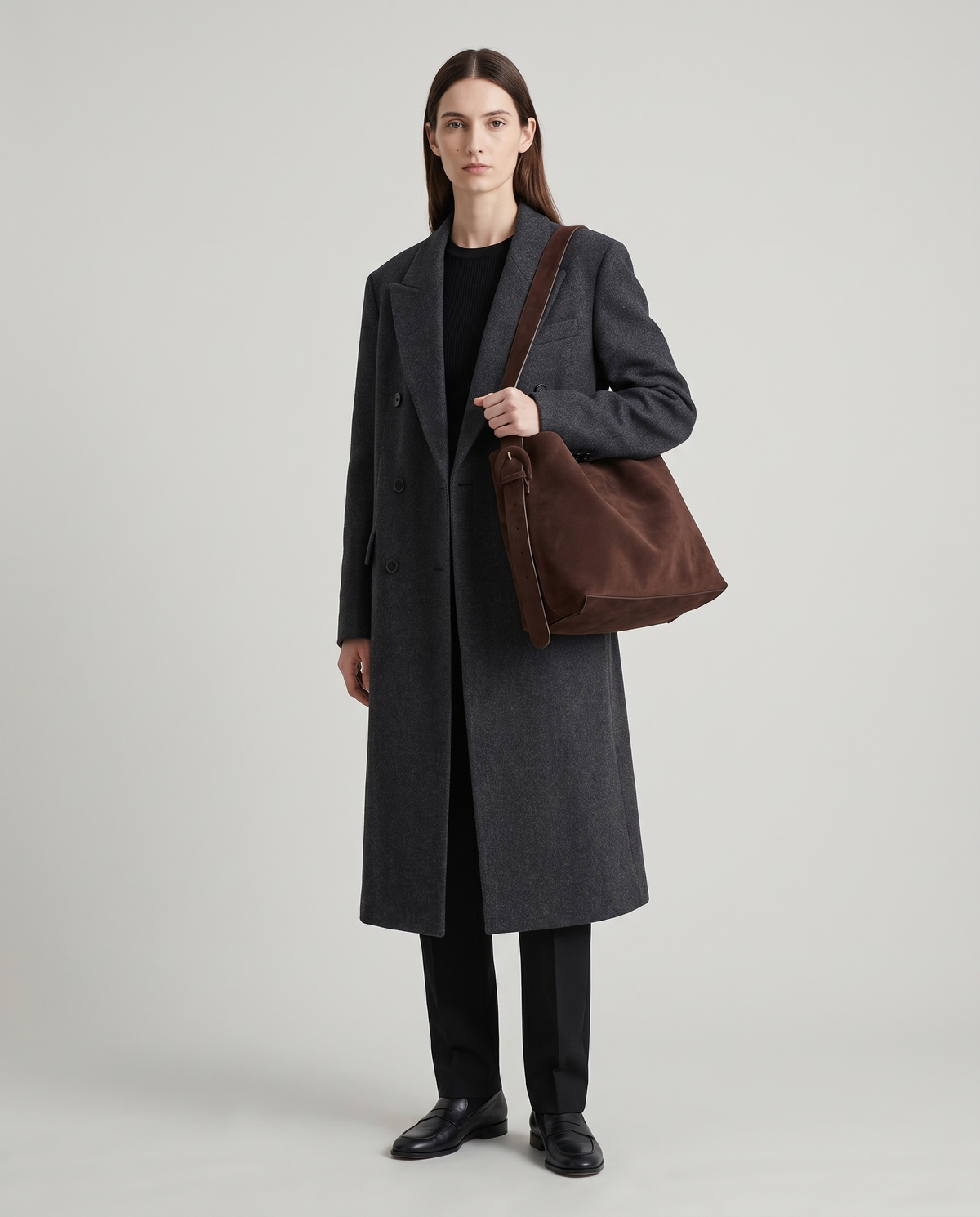 Model with the Elba suede tote in chocolate, full length