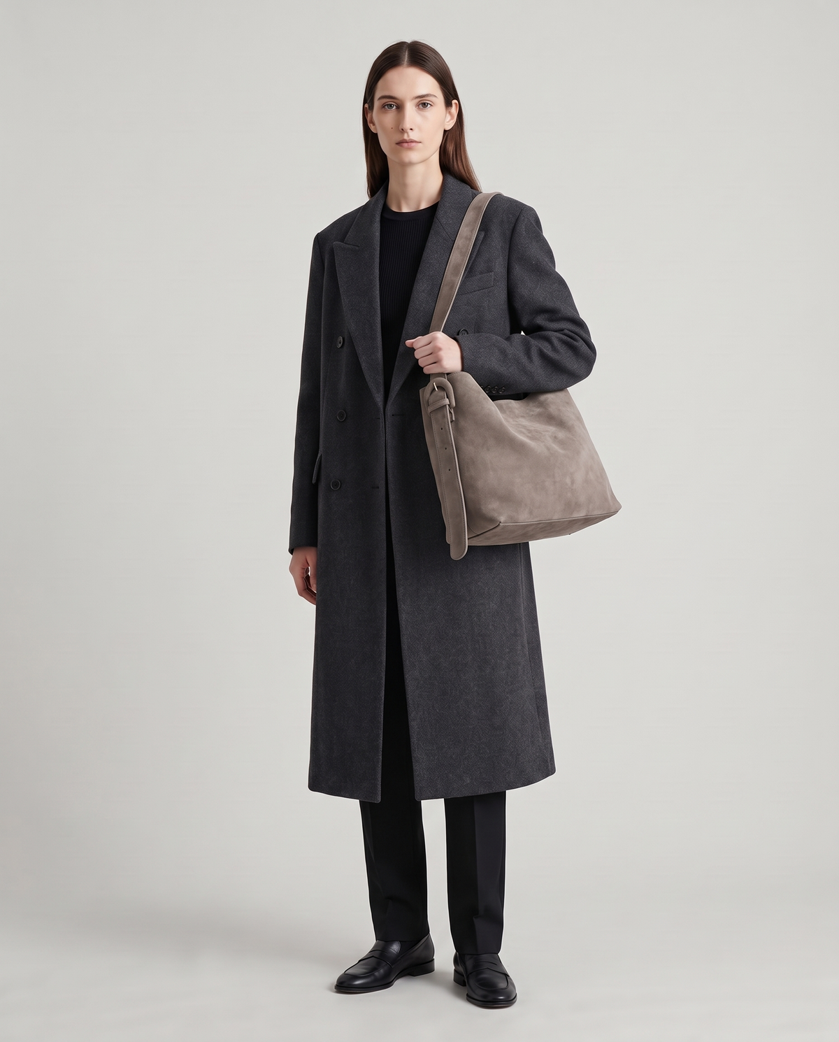 Model with the Elba suede tote in taupe, full length