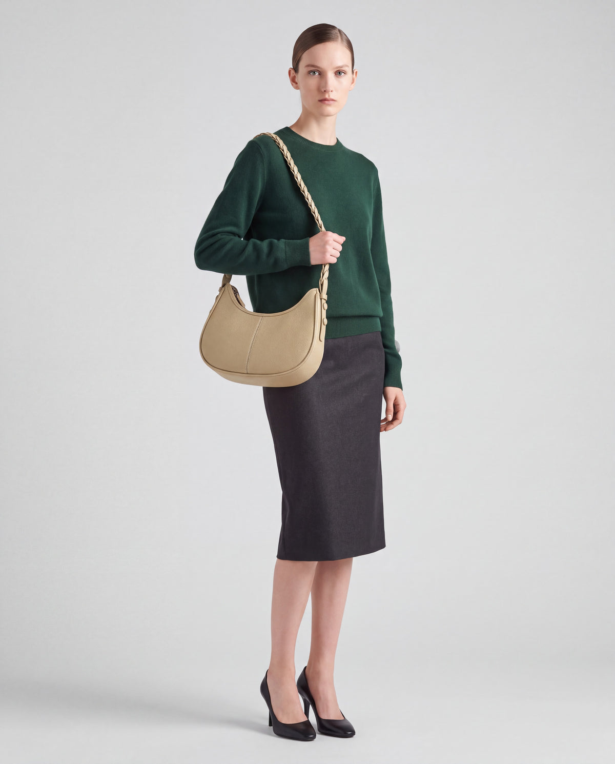 Everyday Shoulder Bag in Beige – worn by model, full length