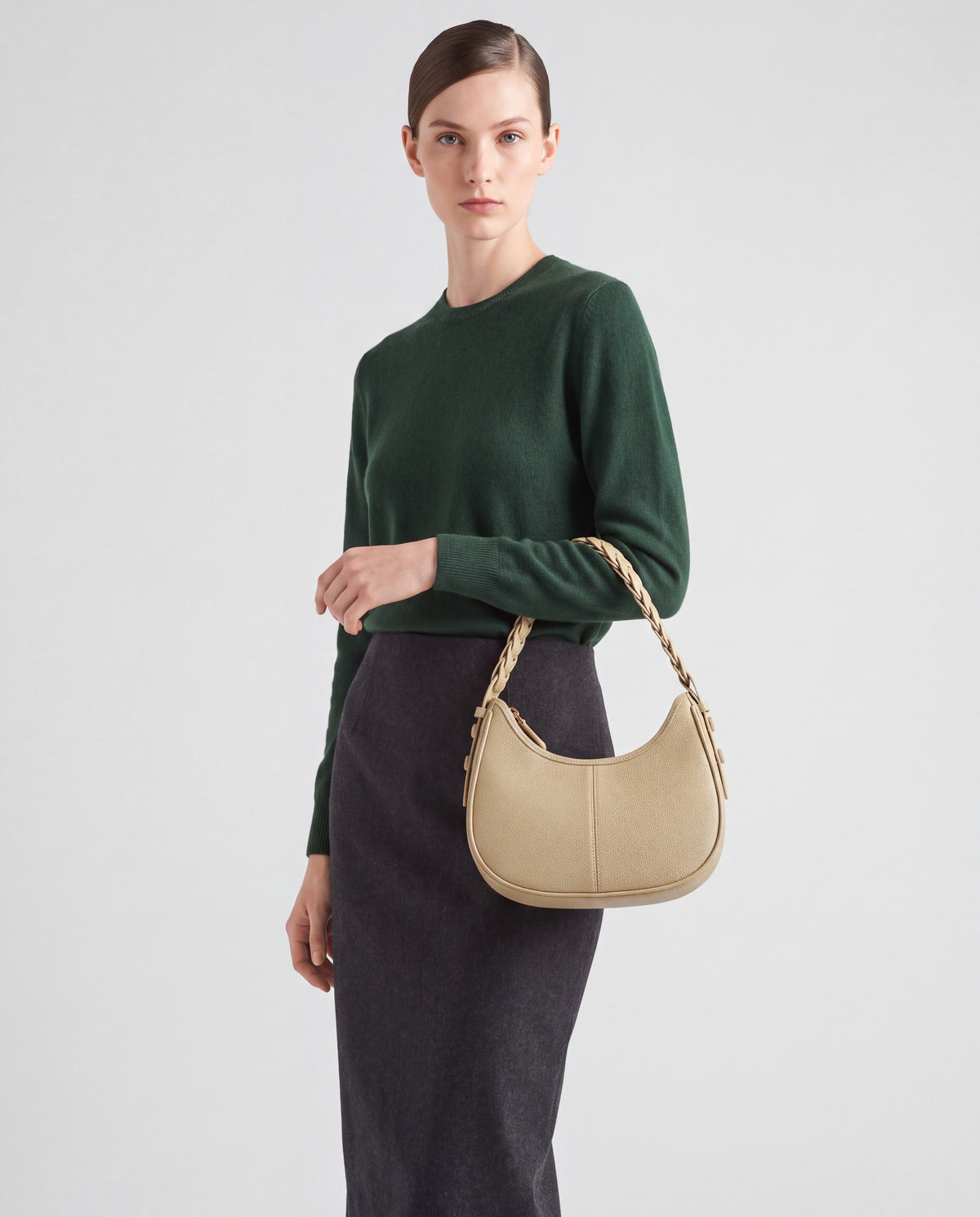 Everyday Shoulder Bag in Beige – worn by model, close-up