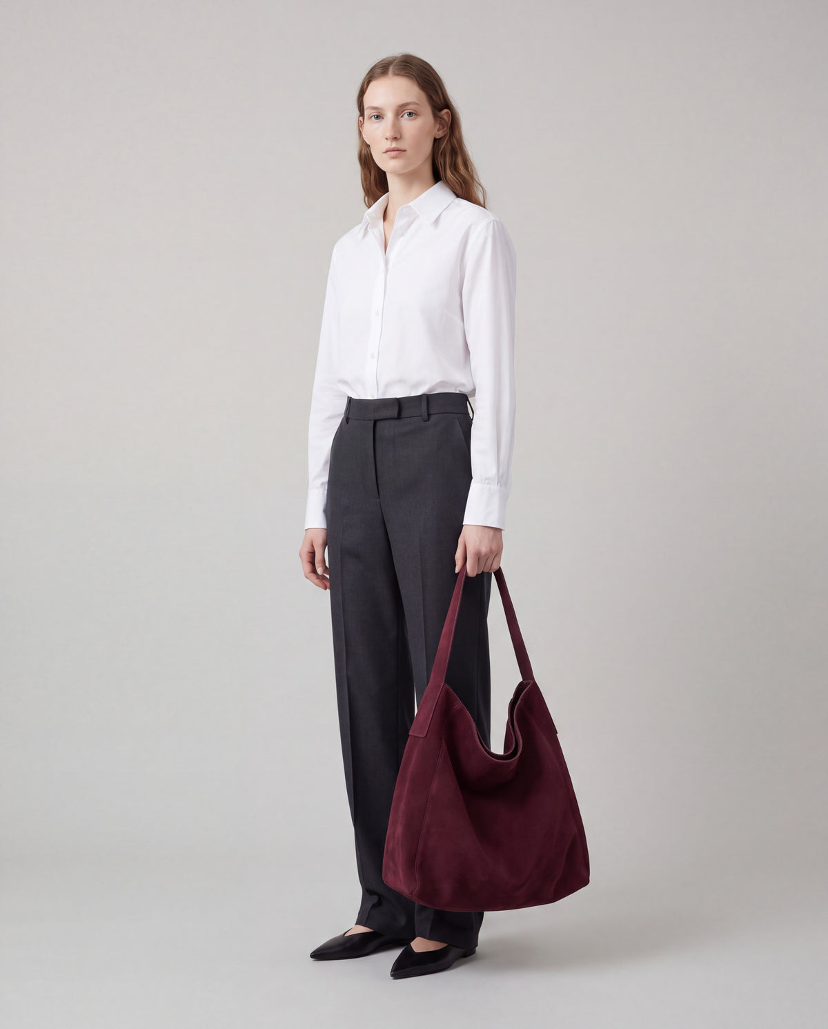 Fiato bag in Burgundy – worn by model, full length
