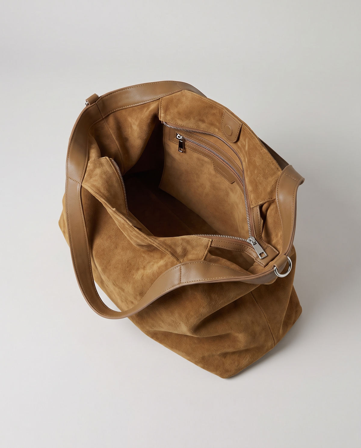 Forte suede tote in camel, open showing interior