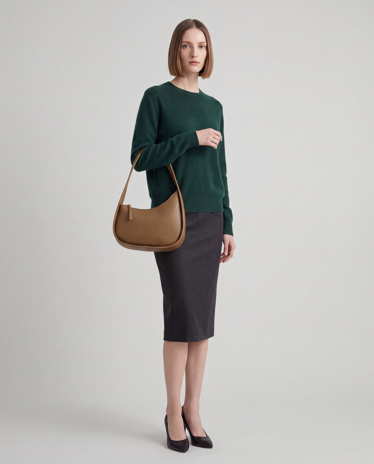 Muse bag in Brown – worn by model, full length