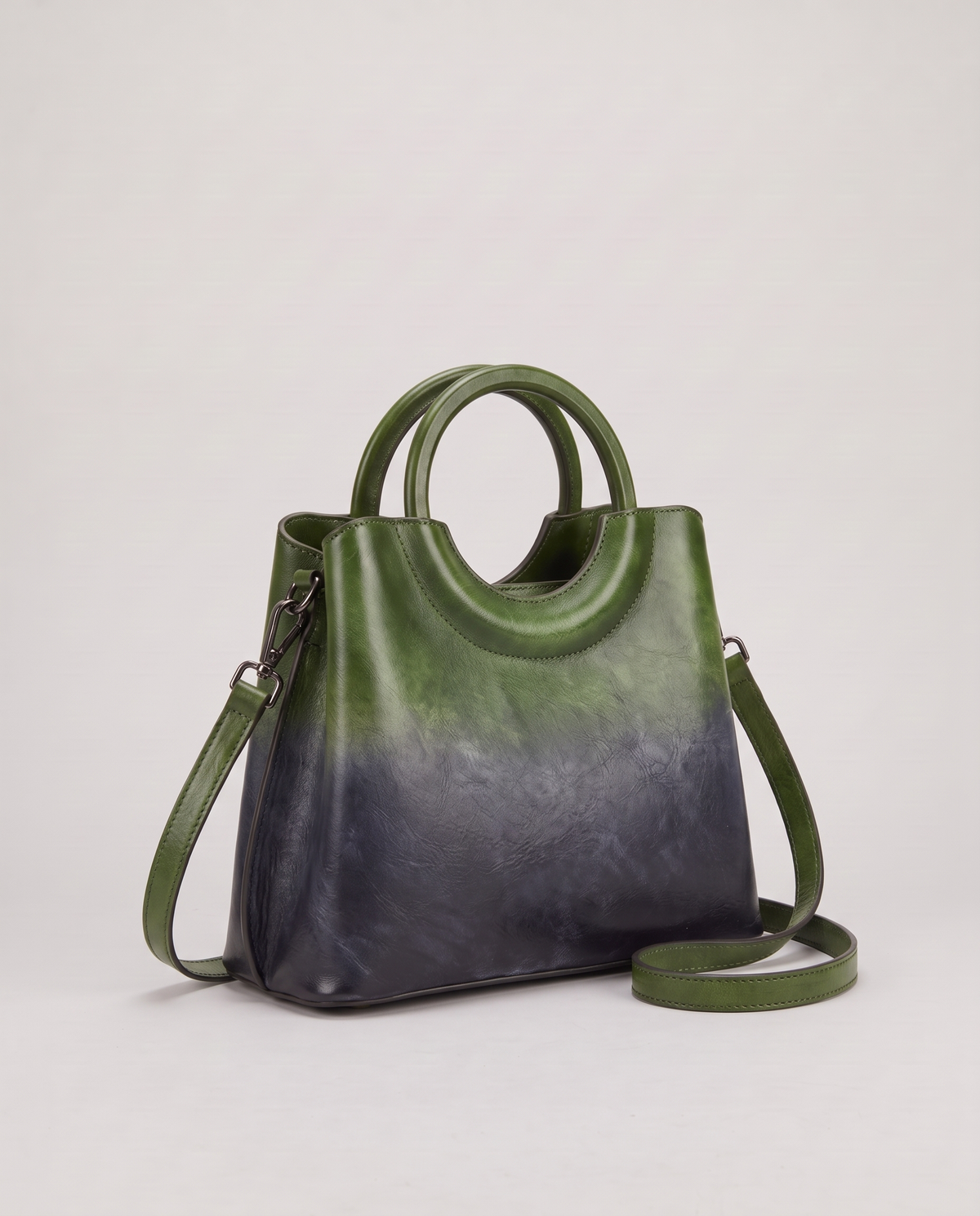 Ombra hand-painted ombré leather bag in Green – three-quarter view