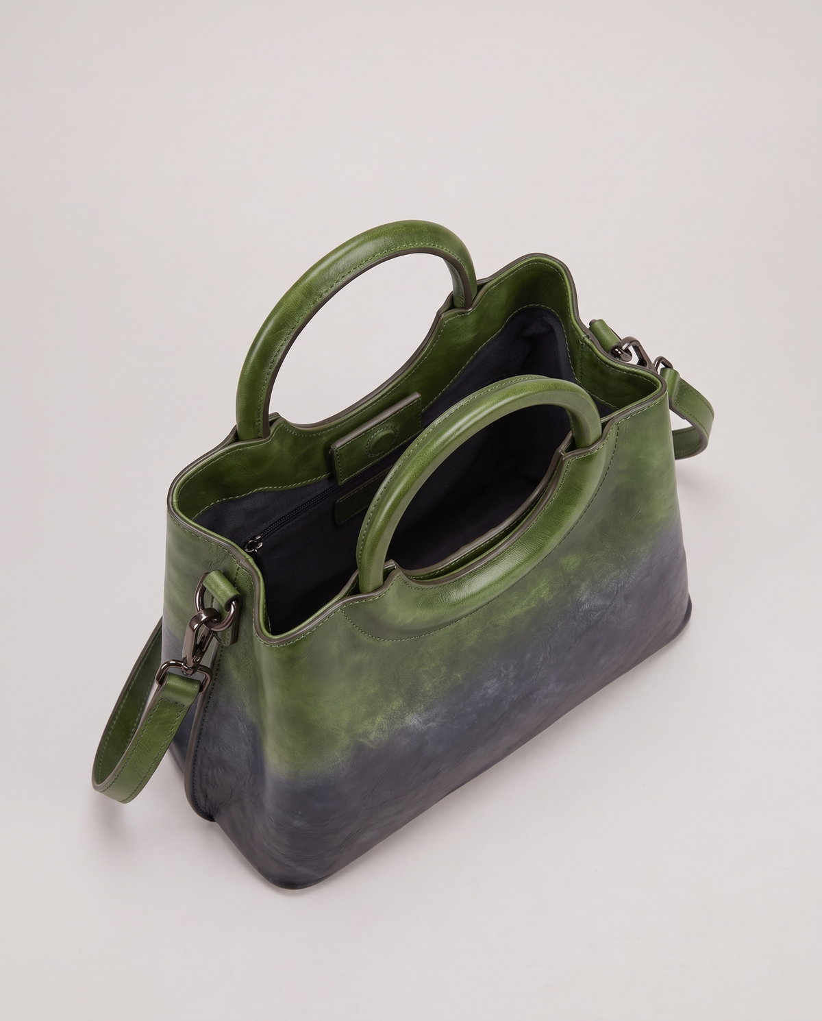 Ombra hand-painted ombré leather bag in Green – view from above into the lined interior