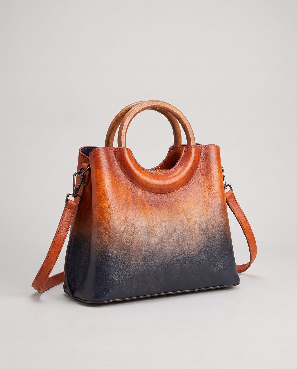Ombra hand-painted ombré leather bag in Orange – three-quarter view