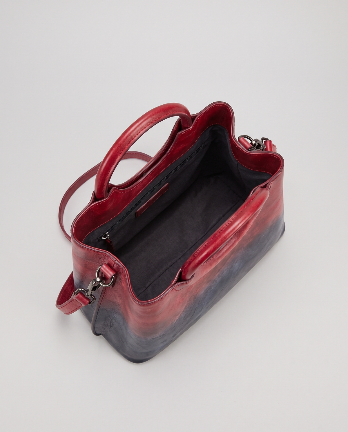 Ombra hand-painted ombré leather bag in Red – view from above into the lined interior