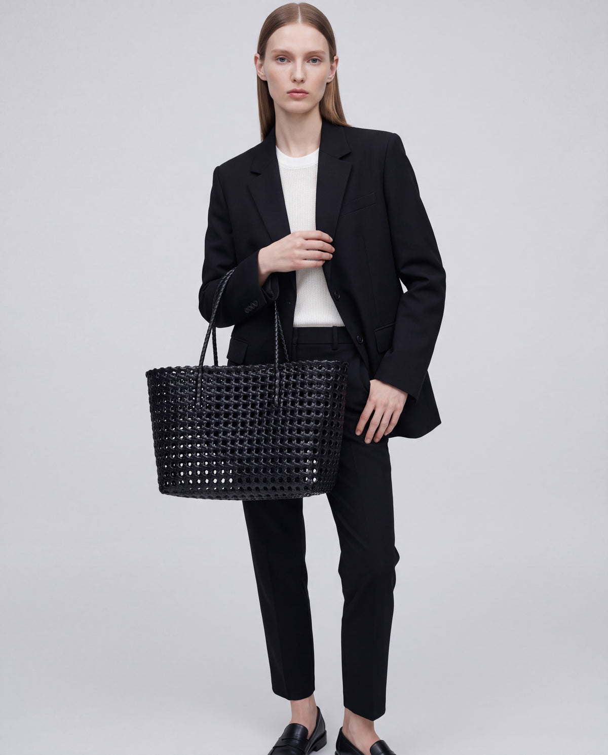 Lattice bag in Black – worn by model, close-up