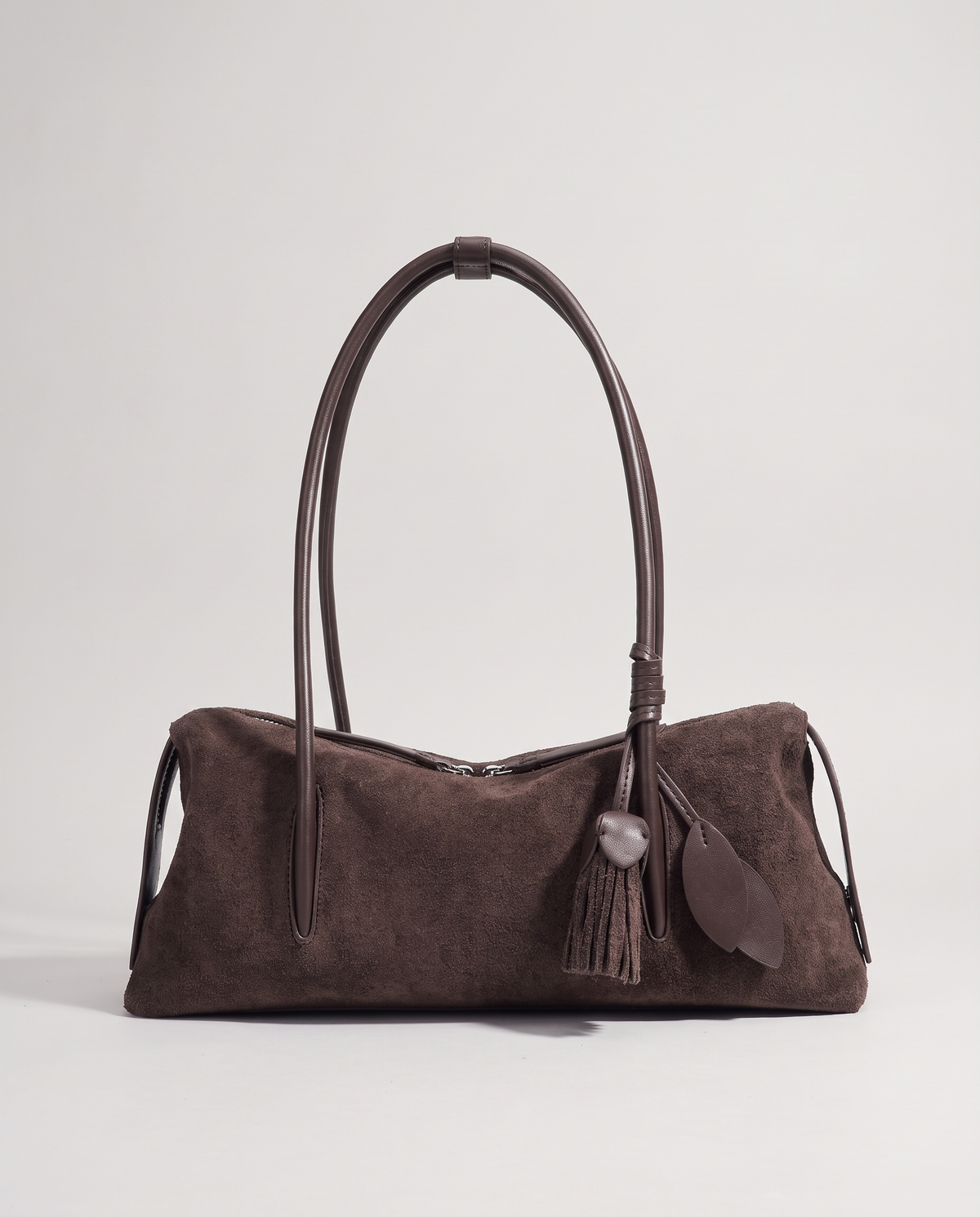 Isola suede shoulder bag in mocha, front view