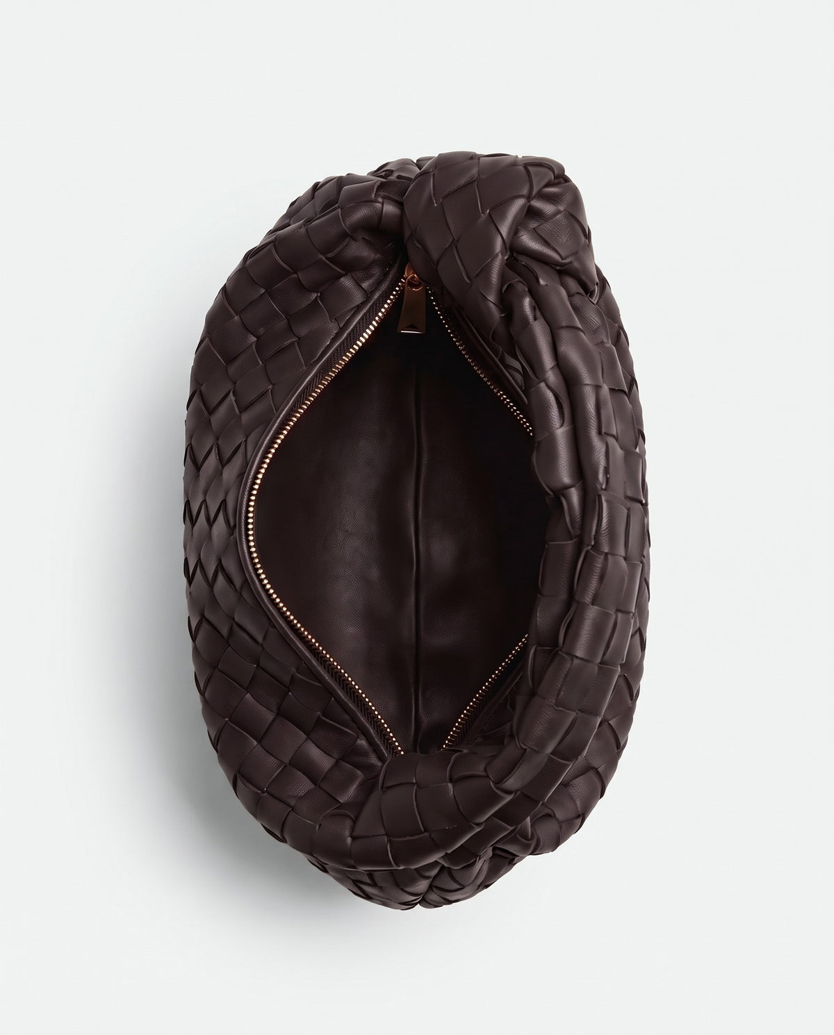 Knot Mini woven leather bag in Espresso – inside view with the zip open