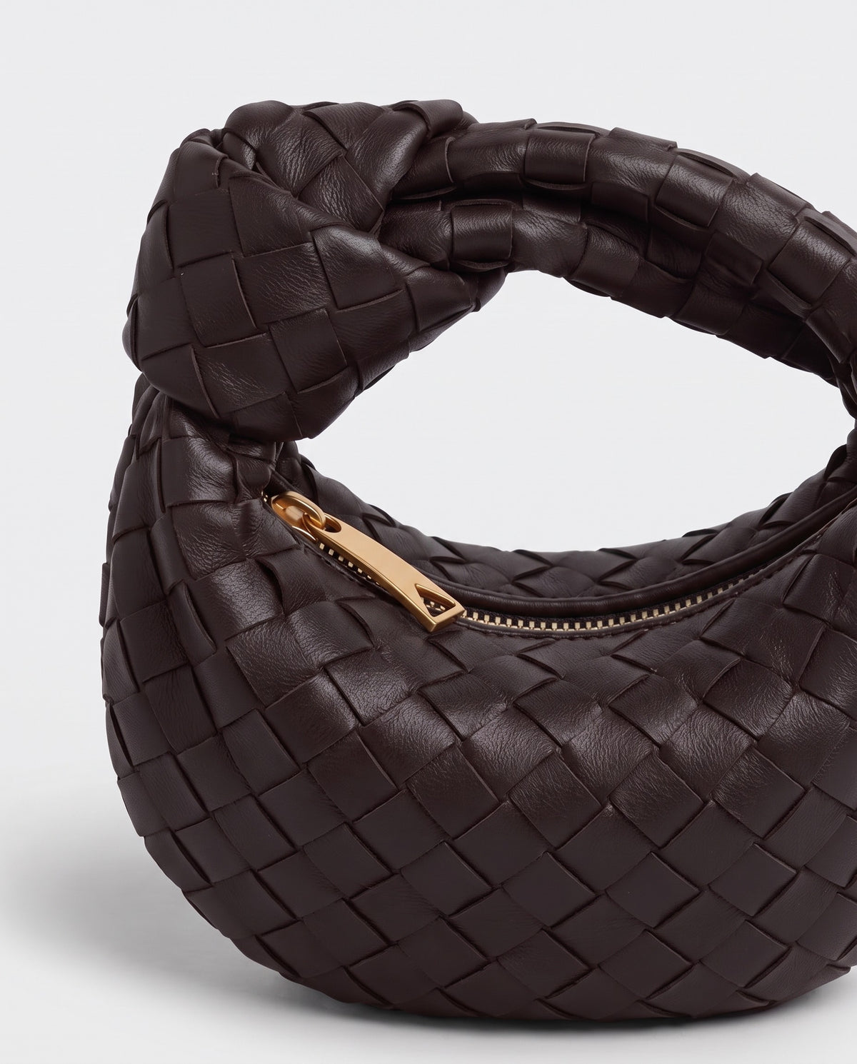 Knot Mini woven leather bag in Espresso – close-up of the knotted handle