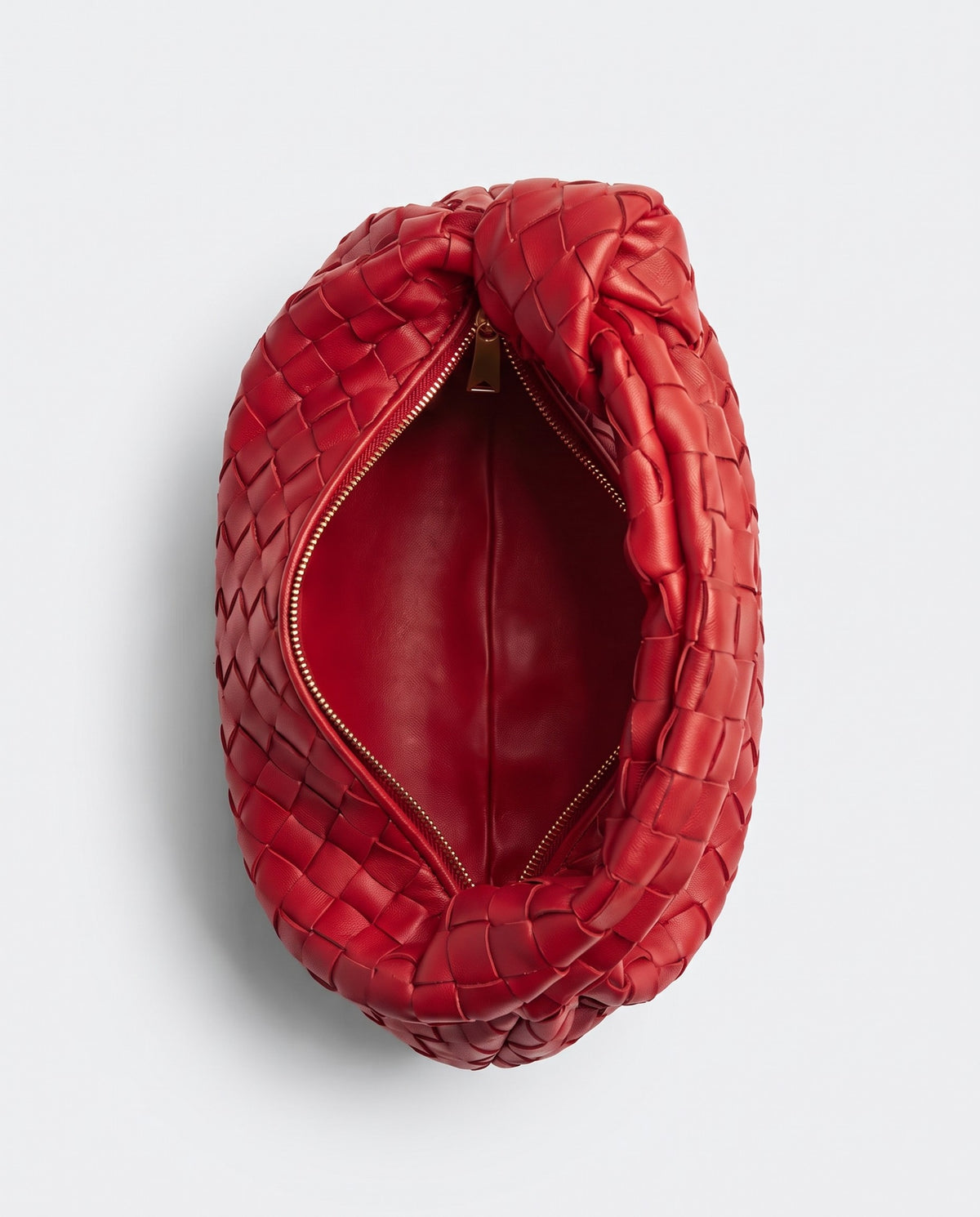 Knot Mini woven leather bag in Scarlet – inside view with the zip open