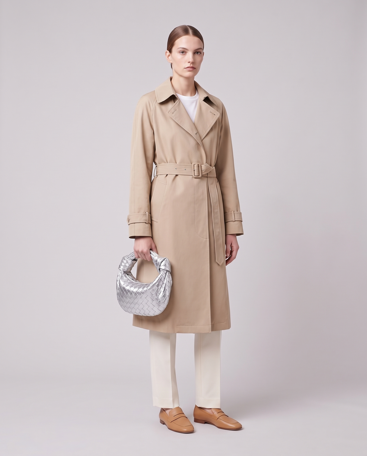 Model carrying the Knot Small woven leather bag in Silver by its knotted handle