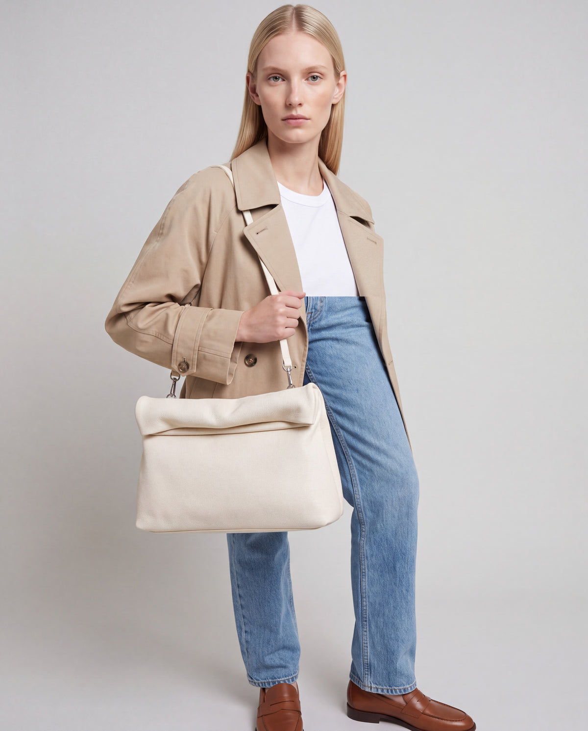 Lido bag in Ivory – worn by model, close-up