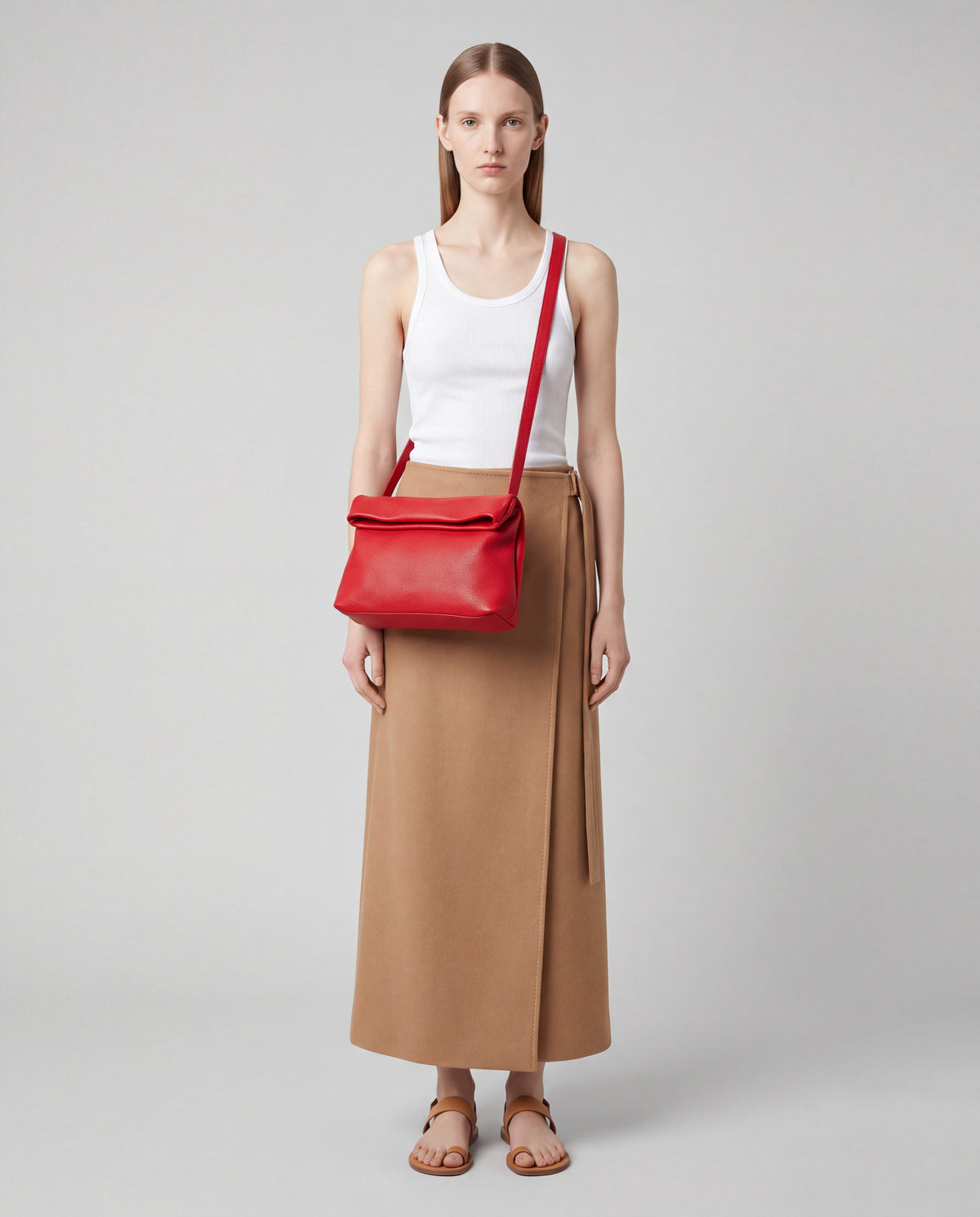 Lido bag in Red – worn by model, full length